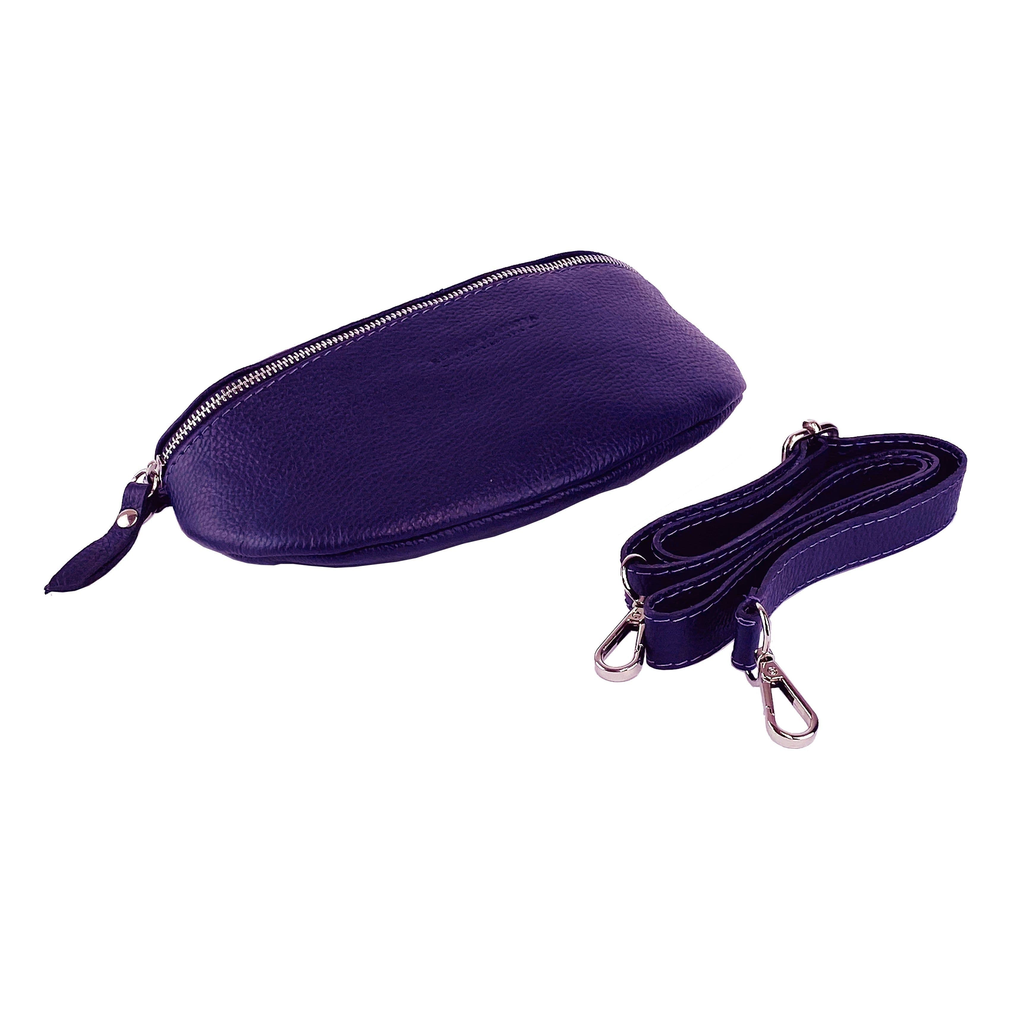 image-RB1015Y | Marsupio con tracolla removibile in Vera Pelle Made in Italy. Attacchi con moschettoni in metallo Nickel Lucido - Colore Viola - Dimensioni: 24 x 14 x 7