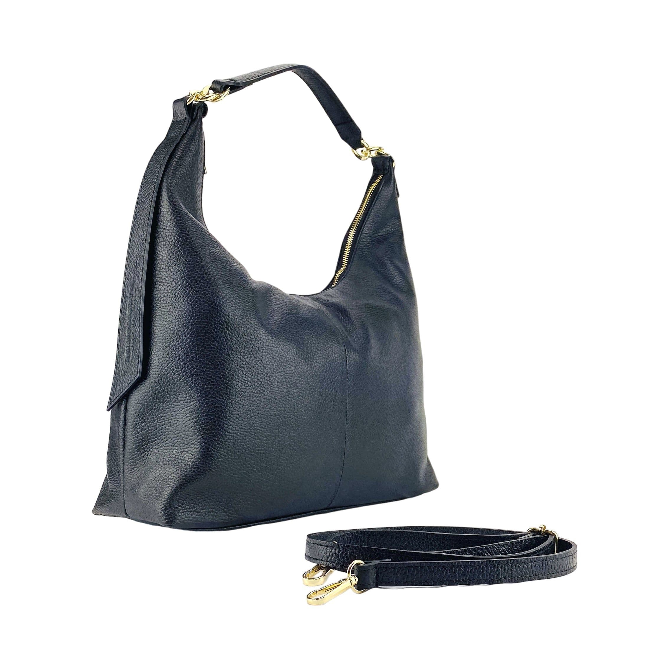 image-RB1017A | Soft women's shoulder bag in genuine leather Made in Italy with single handle and removable shoulder strap. Attachments with shiny gold metal snap hooks - Black color - Dimensions: 36 x 40 x 13 cm