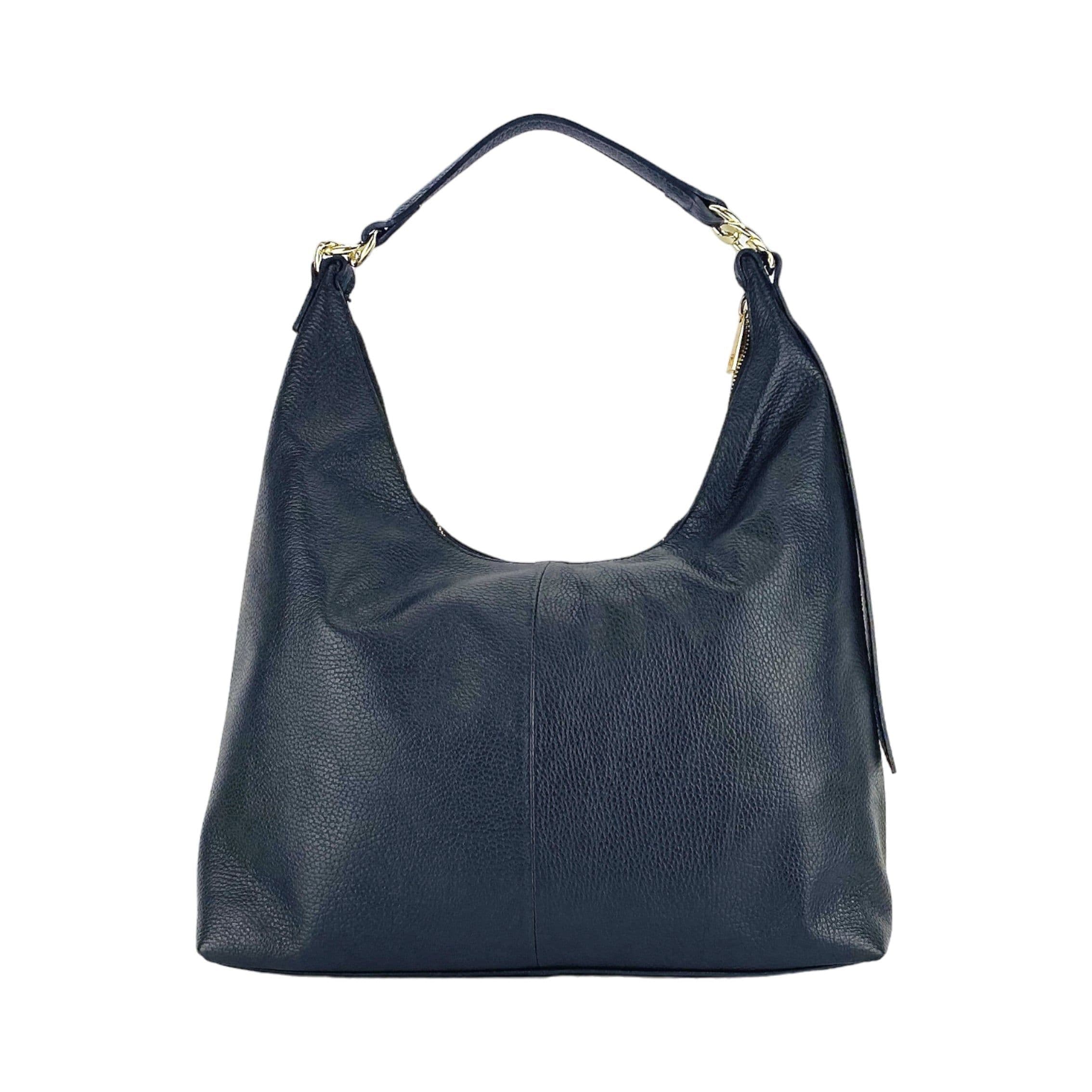 image-RB1017A | Soft women's shoulder bag in genuine leather Made in Italy with single handle and removable shoulder strap. Attachments with shiny gold metal snap hooks - Black color - Dimensions: 36 x 40 x 13 cm