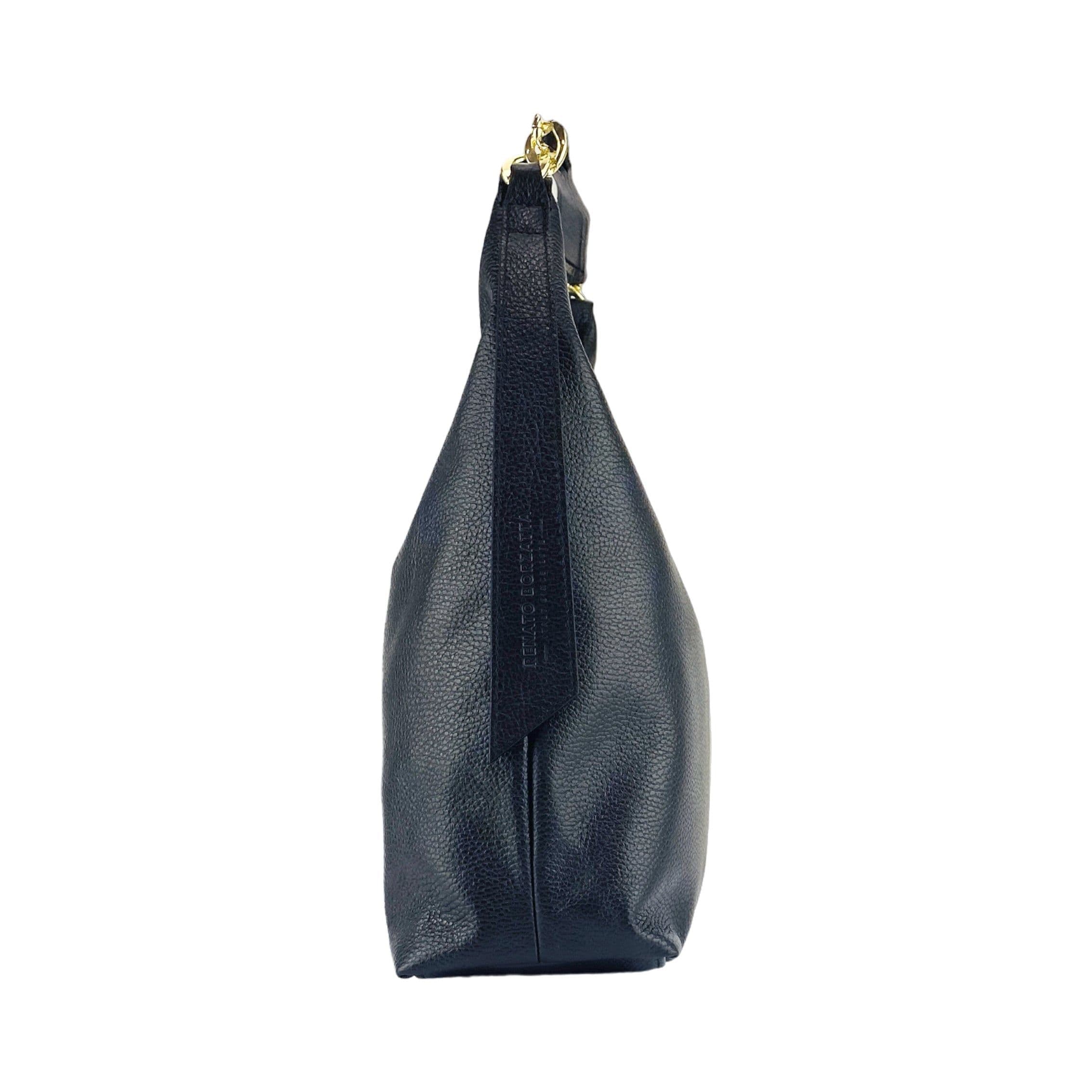 image-RB1017A | Soft women's shoulder bag in genuine leather Made in Italy with single handle and removable shoulder strap. Attachments with shiny gold metal snap hooks - Black color - Dimensions: 36 x 40 x 13 cm
