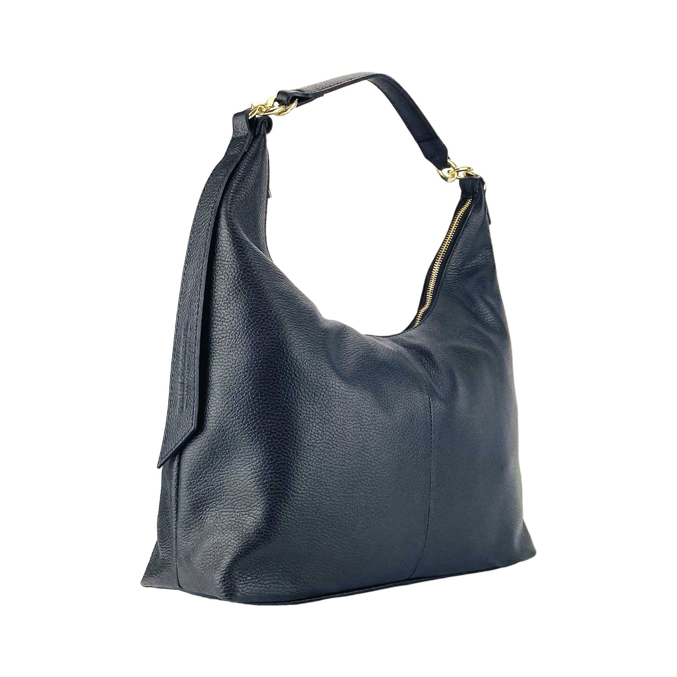 image-RB1017A | Soft women's shoulder bag in genuine leather Made in Italy with single handle and removable shoulder strap. Attachments with shiny gold metal snap hooks - Black color - Dimensions: 36 x 40 x 13 cm