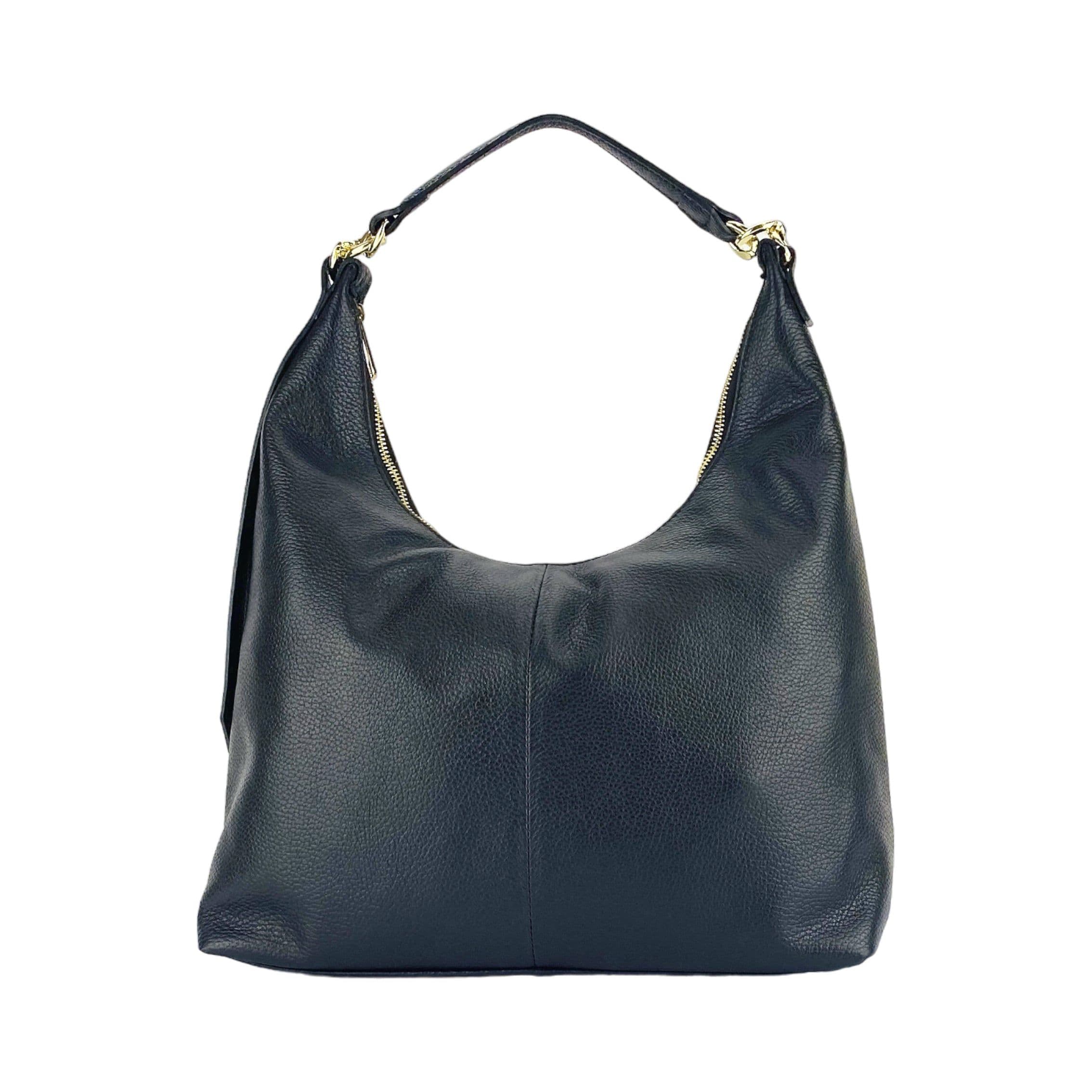 image-RB1017A | Borsa Donna a spalla Morbida in Vera Pelle Made in Italy con manico singolo e tracolla removibile. Attacchi con moschettoni in metallo Oro Lucido - Colore Nero - Dimensioni: cm 36 x 40 x 13