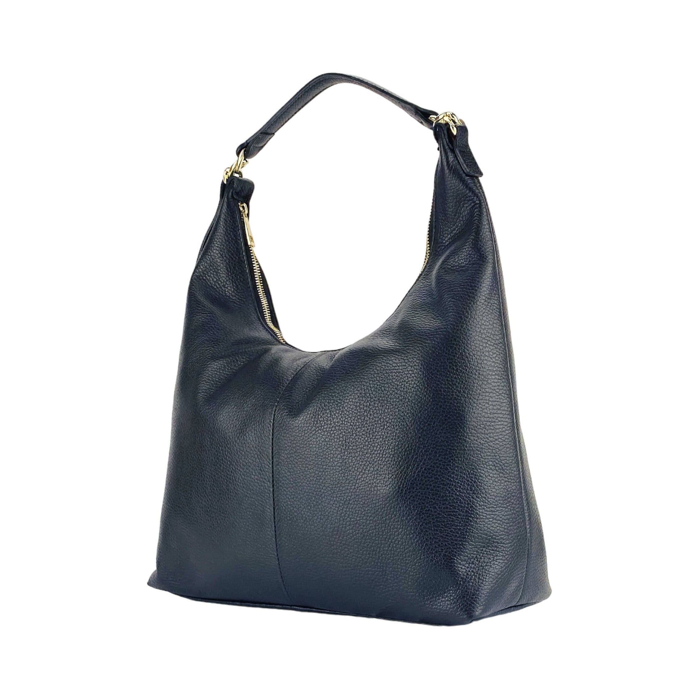image-RB1017A | Borsa Donna a spalla Morbida in Vera Pelle Made in Italy con manico singolo e tracolla removibile. Attacchi con moschettoni in metallo Oro Lucido - Colore Nero - Dimensioni: cm 36 x 40 x 13