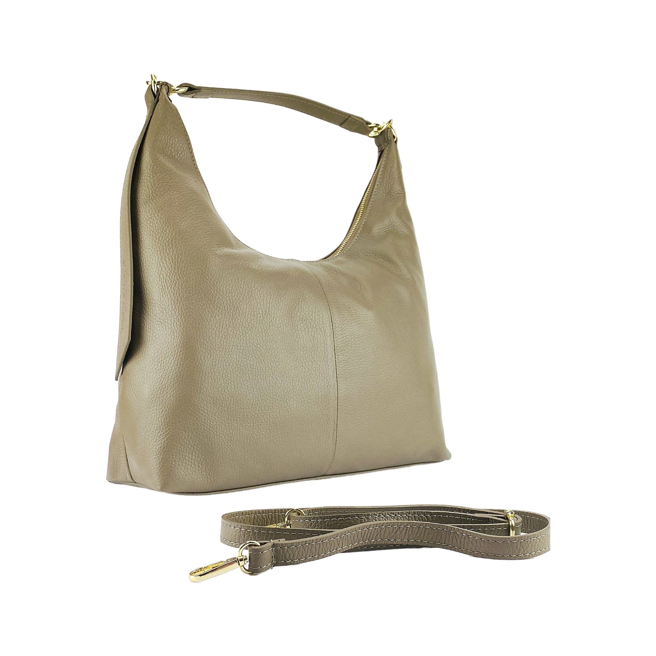 image-RB1017AQ | Soft women's shoulder bag in genuine leather Made in Italy with single handle and removable shoulder strap. Attachments with shiny gold metal snap hooks - Taupe color - Dimensions: 36 x 40 x 13 cm