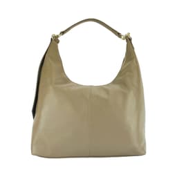 image-RB1017AQ | Soft women's shoulder bag in genuine leather Made in Italy with single handle and removable shoulder strap. Attachments with shiny gold metal snap hooks - Taupe color - Dimensions: 36 x 40 x 13 cm