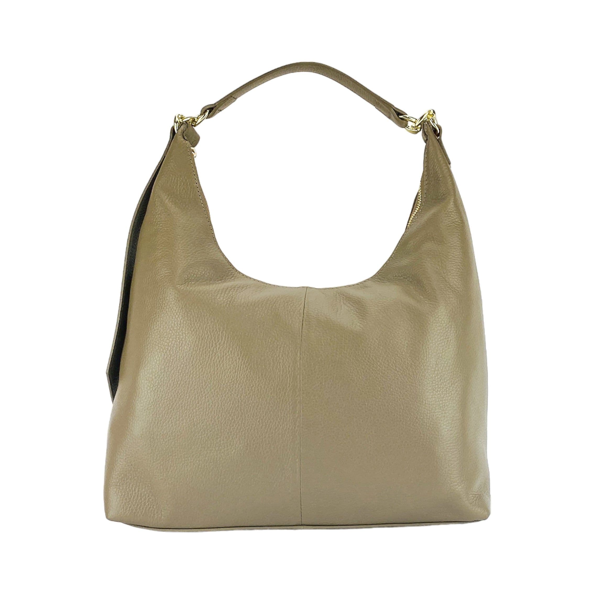 image-RB1017AQ | Soft women's shoulder bag in genuine leather Made in Italy with single handle and removable shoulder strap. Attachments with shiny gold metal snap hooks - Taupe color - Dimensions: 36 x 40 x 13 cm