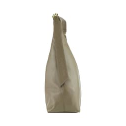 image-RB1017AQ | Soft women's shoulder bag in genuine leather Made in Italy with single handle and removable shoulder strap. Attachments with shiny gold metal snap hooks - Taupe color - Dimensions: 36 x 40 x 13 cm