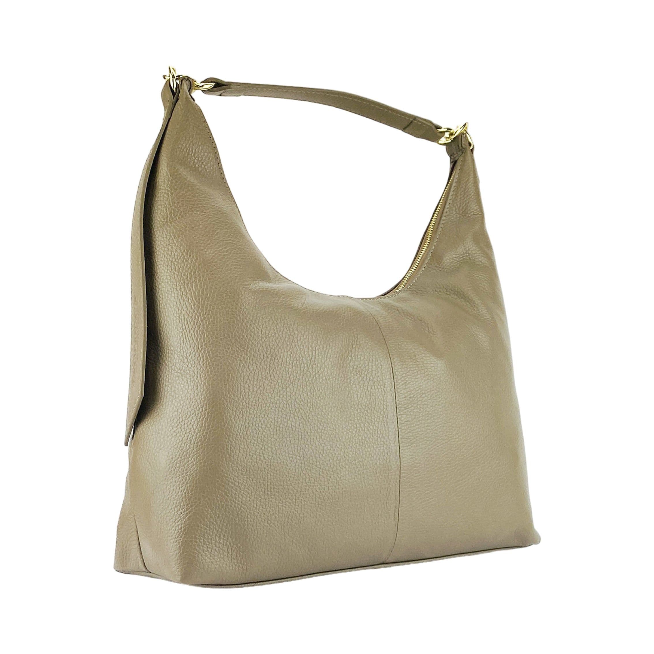image-RB1017AQ | Soft women's shoulder bag in genuine leather Made in Italy with single handle and removable shoulder strap. Attachments with shiny gold metal snap hooks - Taupe color - Dimensions: 36 x 40 x 13 cm