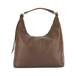 image-RB1017BV | Soft women's shoulder bag in genuine leather Made in Italy with single handle and removable shoulder strap. Attachments with shiny gold metal snap hooks - Chocolate color - Dimensions: 36 x 40 x 13 cm