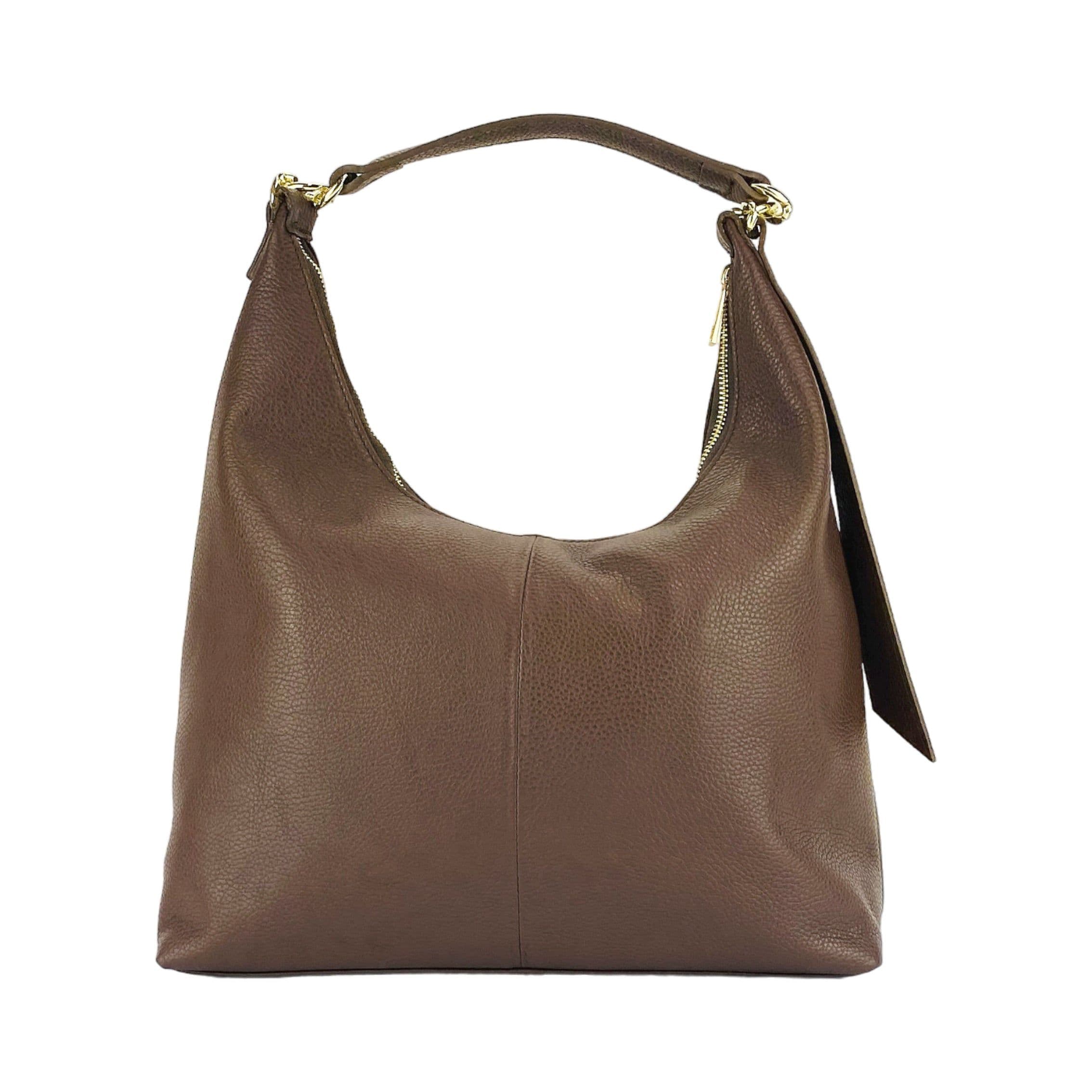image-RB1017BV | Borsa Donna a spalla Morbida in Vera Pelle Made in Italy con manico singolo e tracolla removibile. Attacchi con moschettoni in metallo Oro Lucido - Colore Cioccolato - Dimensioni: cm 36 x 40 x 13