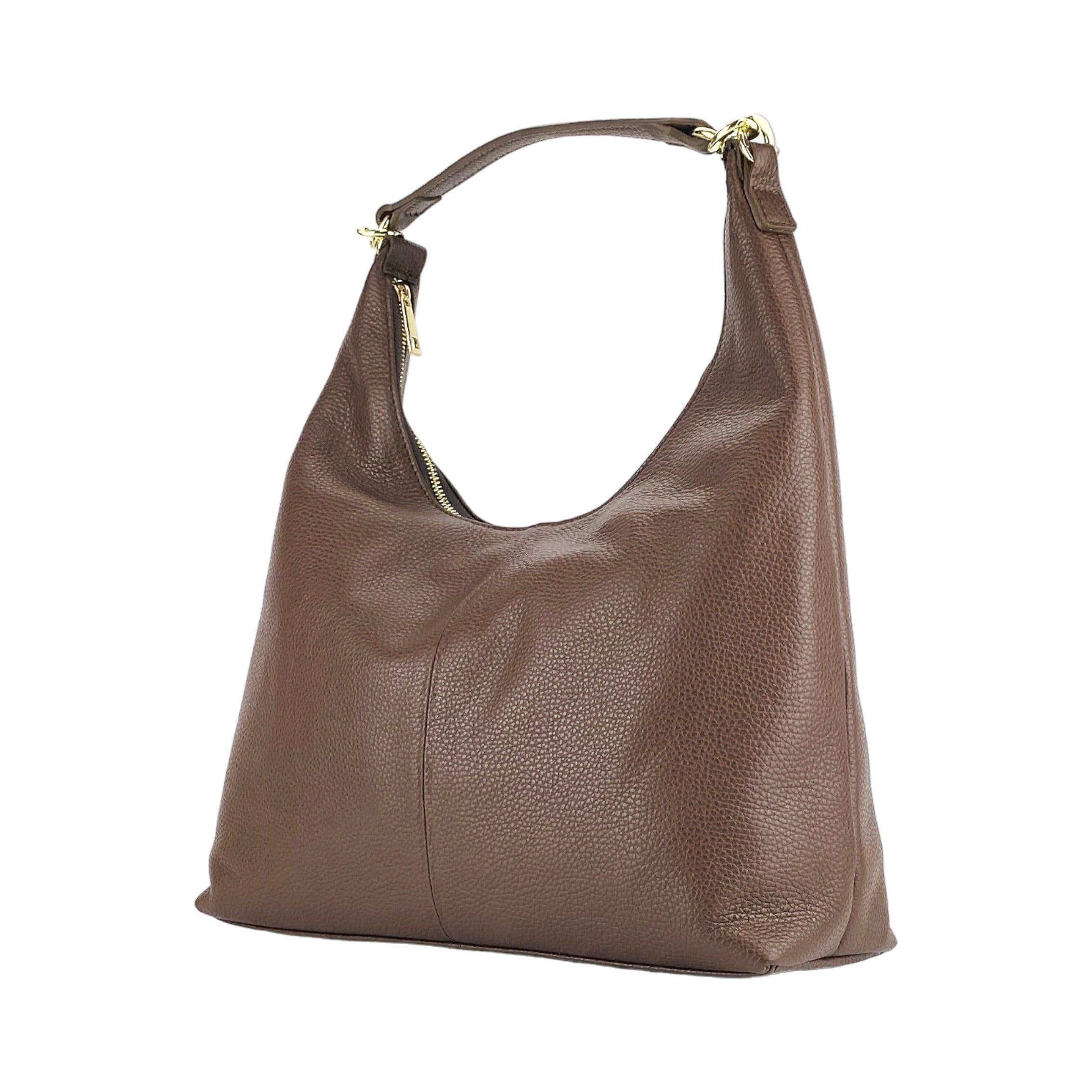 image-RB1017BV | Borsa Donna a spalla Morbida in Vera Pelle Made in Italy con manico singolo e tracolla removibile. Attacchi con moschettoni in metallo Oro Lucido - Colore Cioccolato - Dimensioni: cm 36 x 40 x 13