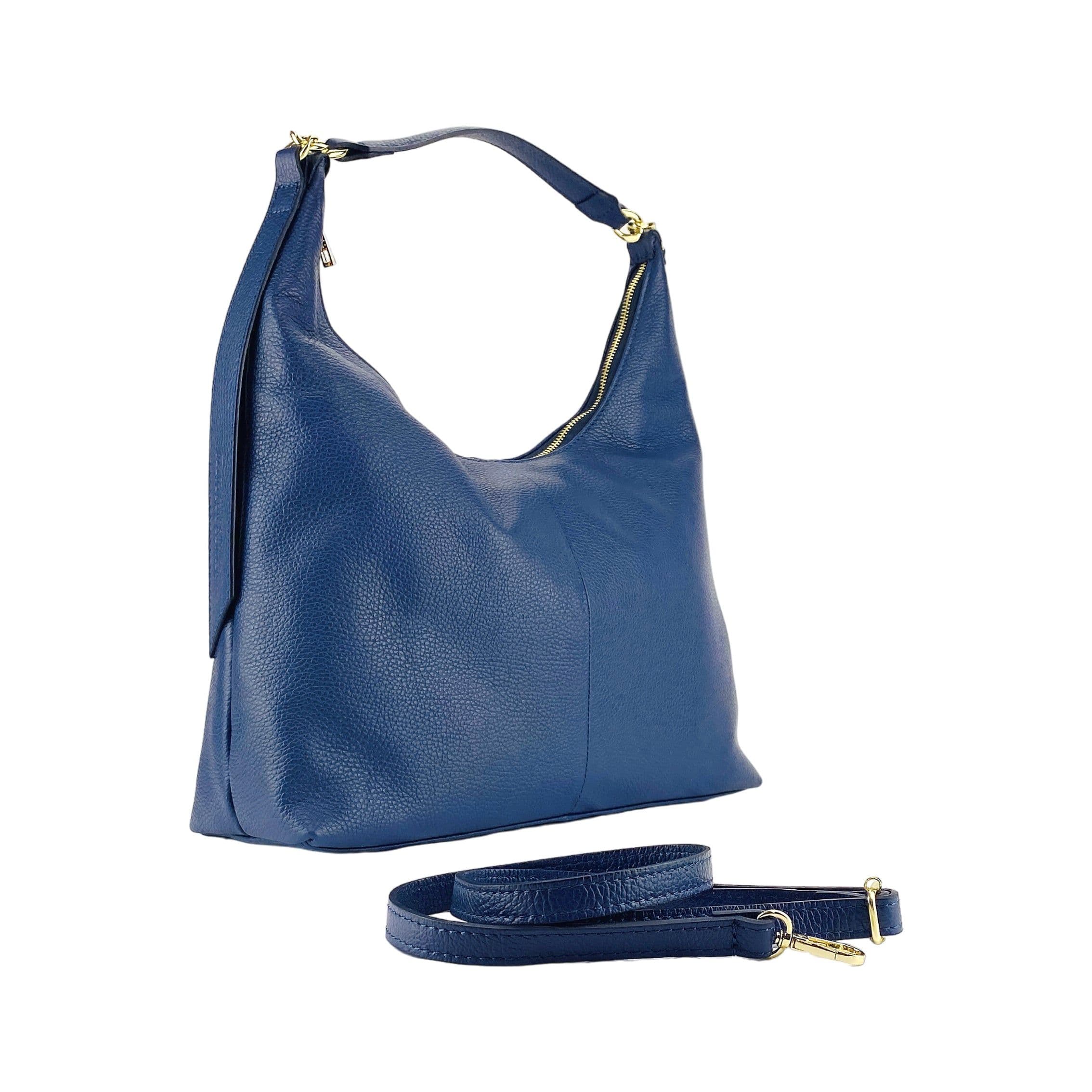 image-RB1017D | Borsa Donna a spalla Morbida in Vera Pelle Made in Italy con manico singolo e tracolla removibile. Attacchi con moschettoni in metallo Oro Lucido - Colore Blu - Dimensioni: cm 36 x 40 x 13