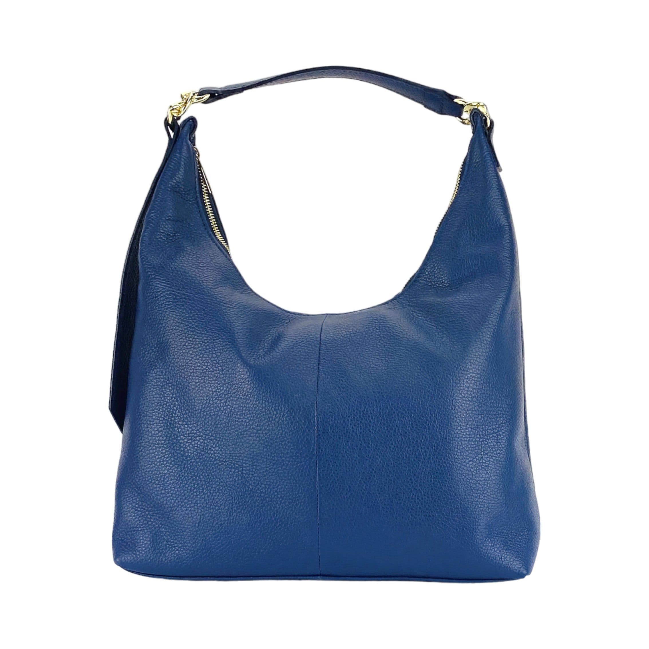 image-RB1017D | Borsa Donna a spalla Morbida in Vera Pelle Made in Italy con manico singolo e tracolla removibile. Attacchi con moschettoni in metallo Oro Lucido - Colore Blu - Dimensioni: cm 36 x 40 x 13