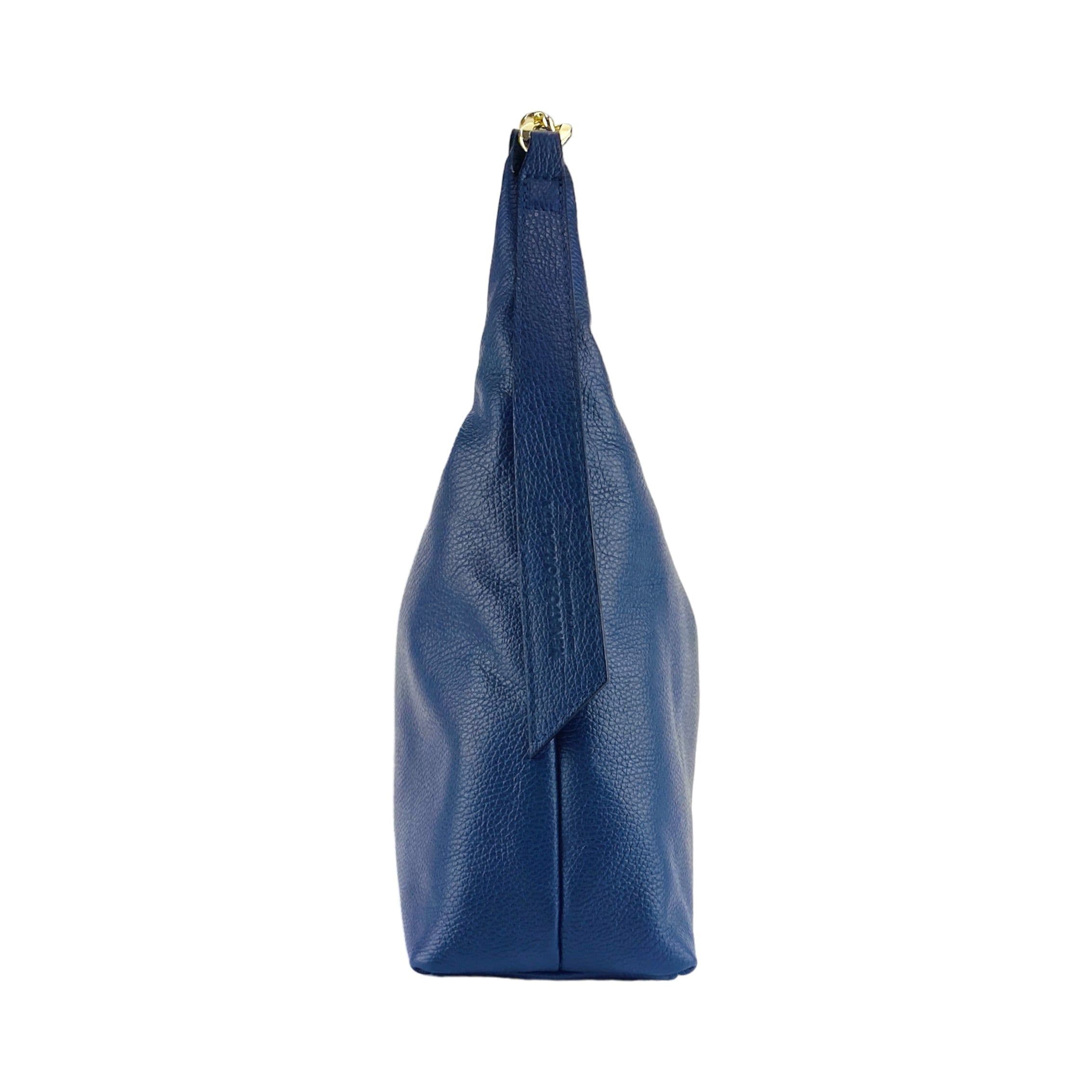 image-RB1017D | Borsa Donna a spalla Morbida in Vera Pelle Made in Italy con manico singolo e tracolla removibile. Attacchi con moschettoni in metallo Oro Lucido - Colore Blu - Dimensioni: cm 36 x 40 x 13