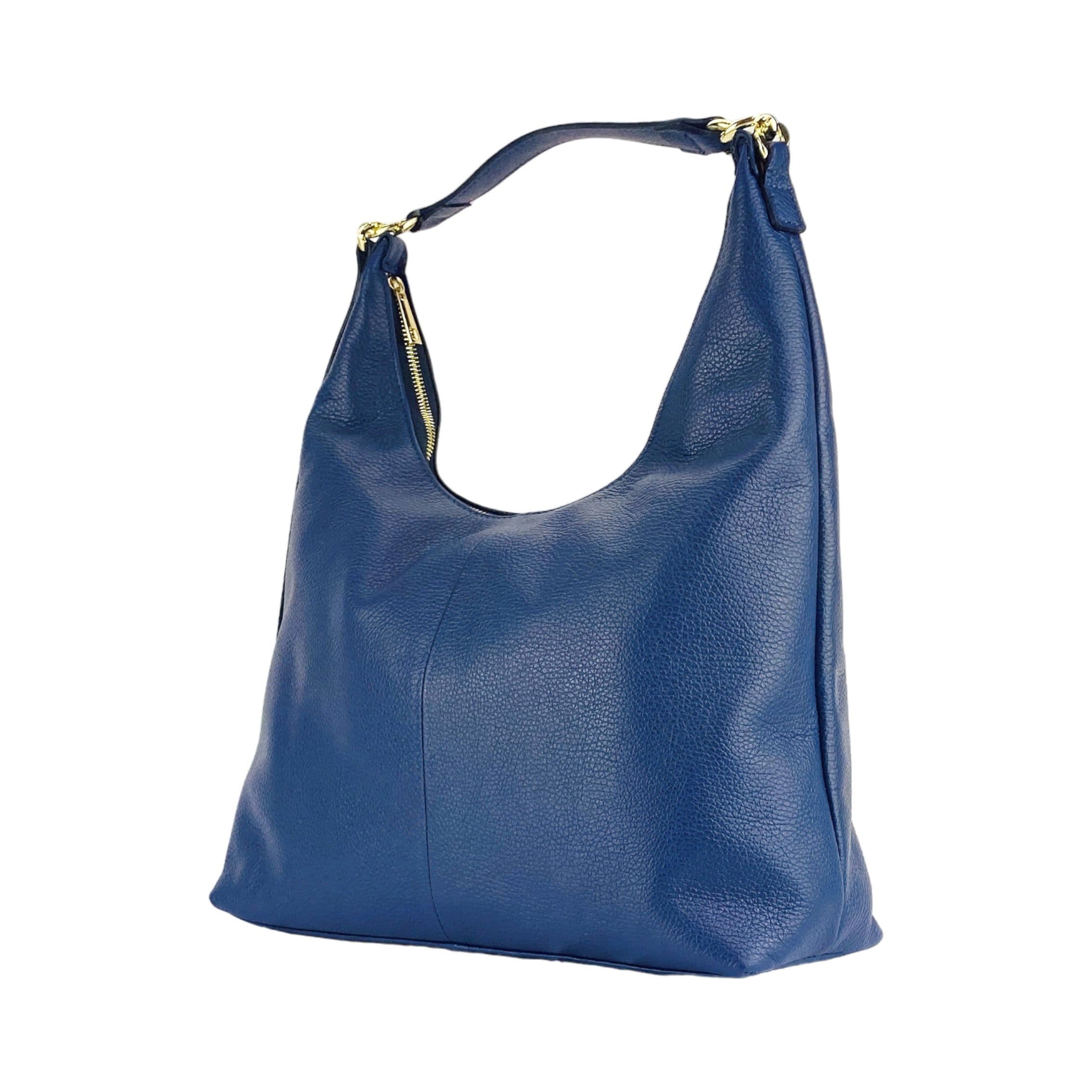 image-RB1017D | Borsa Donna a spalla Morbida in Vera Pelle Made in Italy con manico singolo e tracolla removibile. Attacchi con moschettoni in metallo Oro Lucido - Colore Blu - Dimensioni: cm 36 x 40 x 13