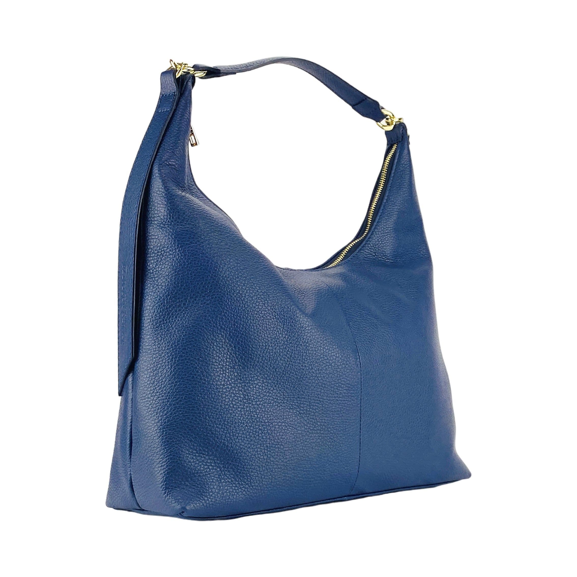 image-RB1017D | Borsa Donna a spalla Morbida in Vera Pelle Made in Italy con manico singolo e tracolla removibile. Attacchi con moschettoni in metallo Oro Lucido - Colore Blu - Dimensioni: cm 36 x 40 x 13