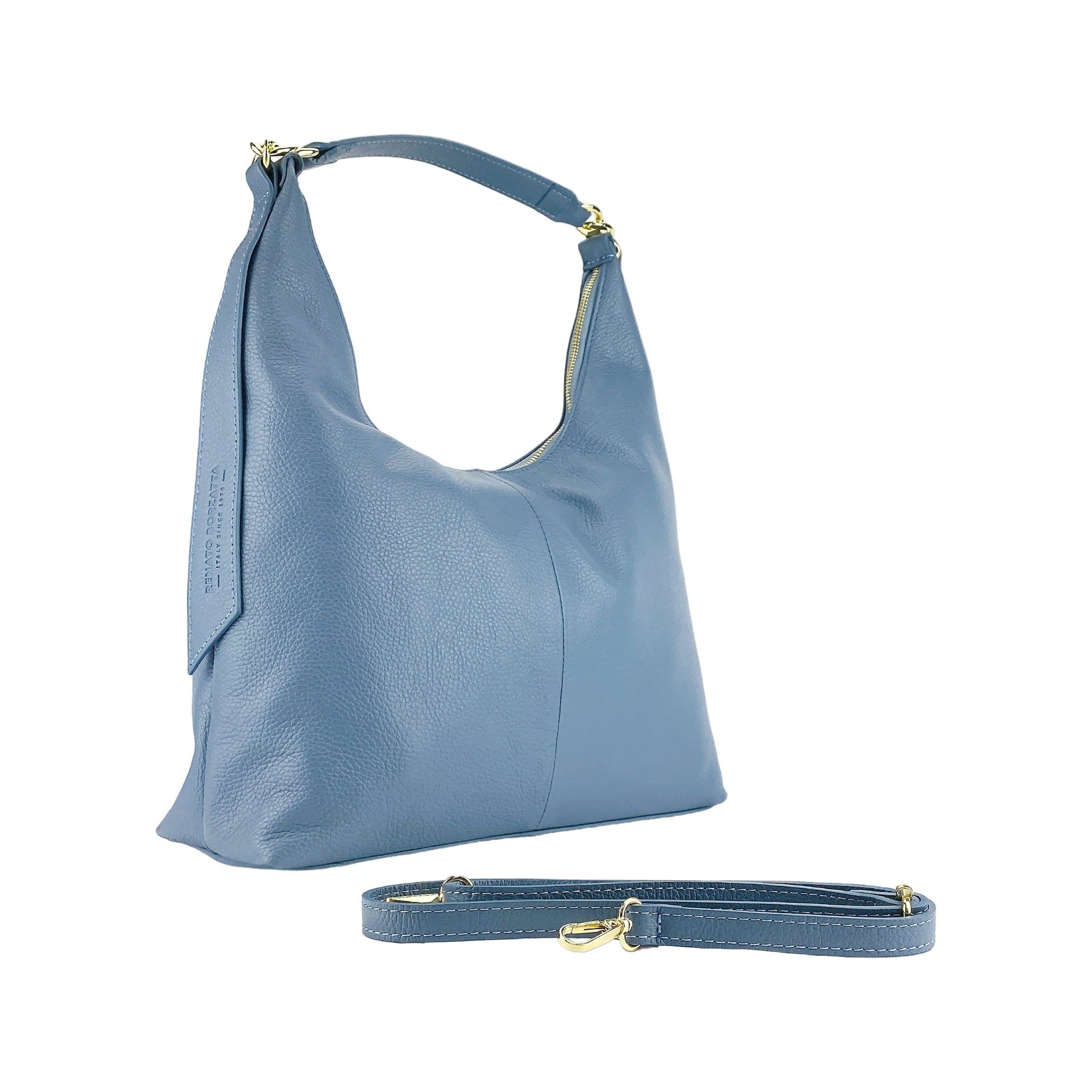 image-RB1017P | Borsa Donna a spalla Morbida in Vera Pelle Made in Italy con tracolla removibile. Attacchi con moschettoni in metallo Oro Lucido - Colore Avio - Dimensioni: cm 36 x 40 x 13