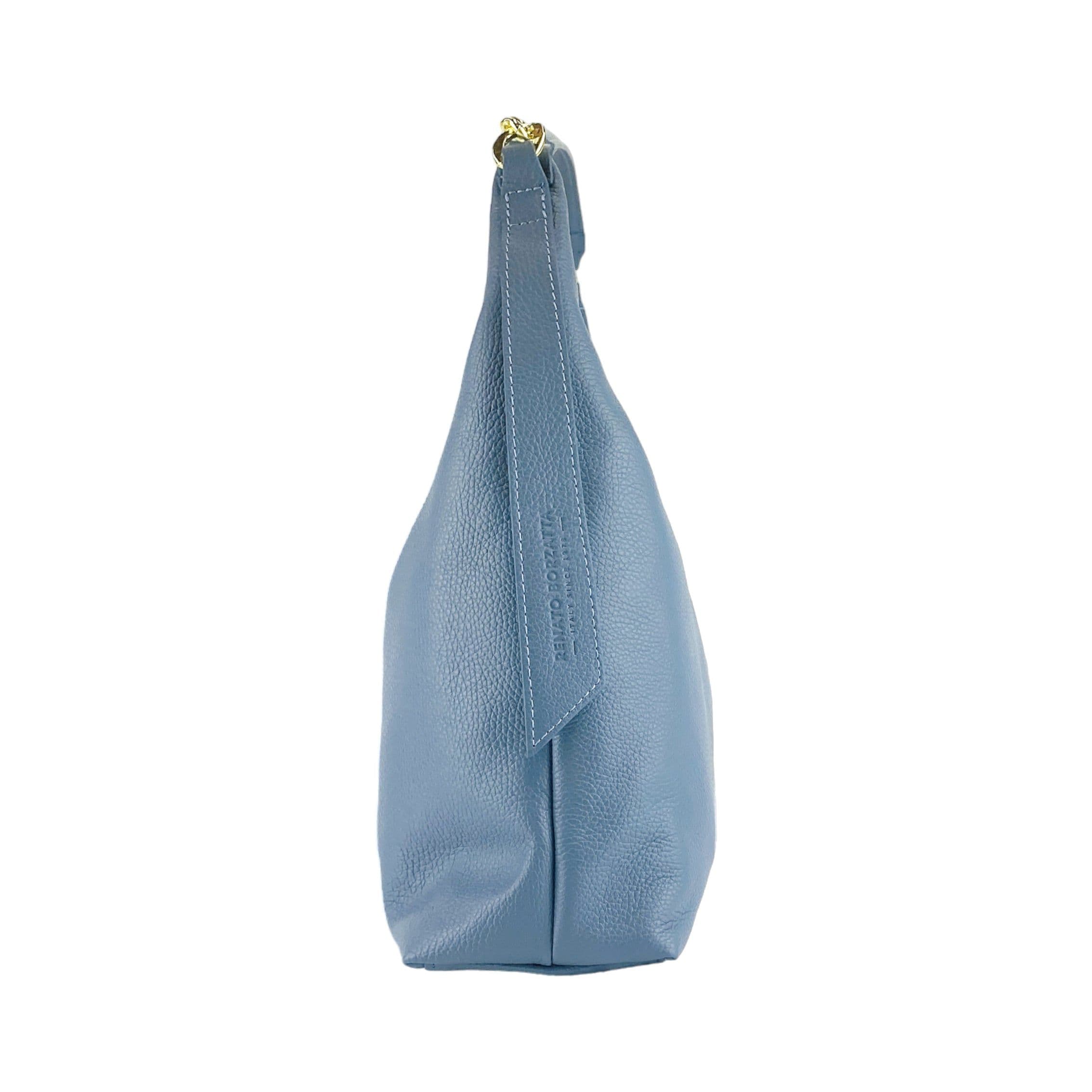 image-RB1017P | Borsa Donna a spalla Morbida in Vera Pelle Made in Italy con tracolla removibile. Attacchi con moschettoni in metallo Oro Lucido - Colore Avio - Dimensioni: cm 36 x 40 x 13