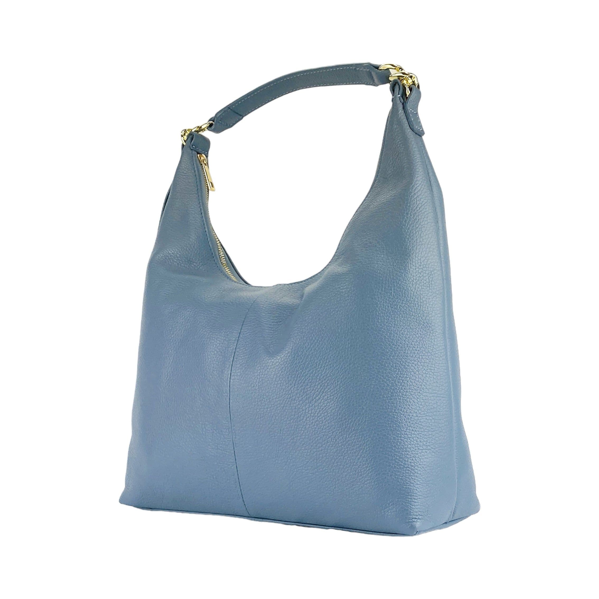 image-RB1017P | Borsa Donna a spalla Morbida in Vera Pelle Made in Italy con tracolla removibile. Attacchi con moschettoni in metallo Oro Lucido - Colore Avio - Dimensioni: cm 36 x 40 x 13
