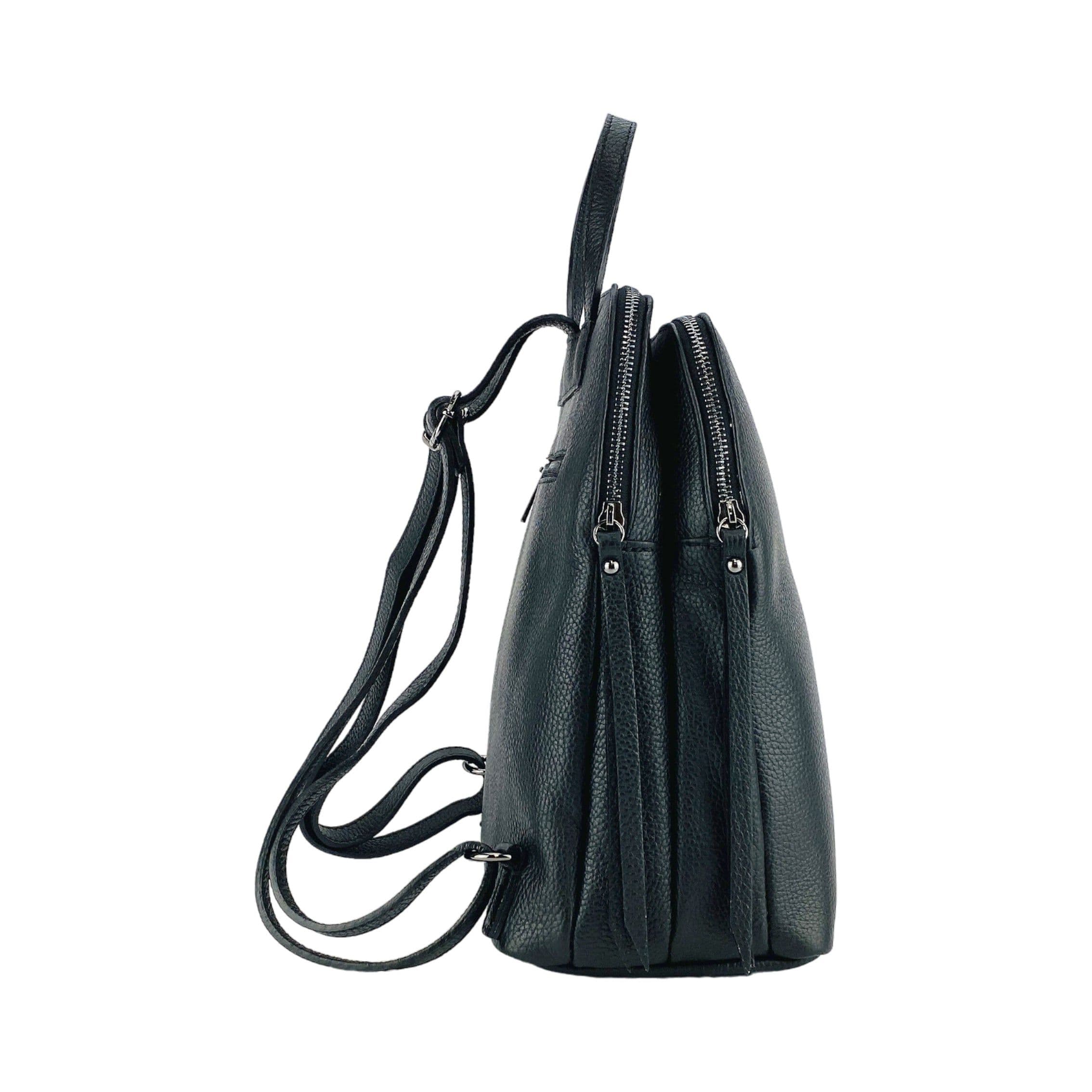 image-RB1018A | Genuine Leather Double Compartment Women's Backpack Made in Italy with adjustable shoulder straps. Gunmetal metal accessories - Black color - Dimensions: 26 x 30 x 14.5 cm