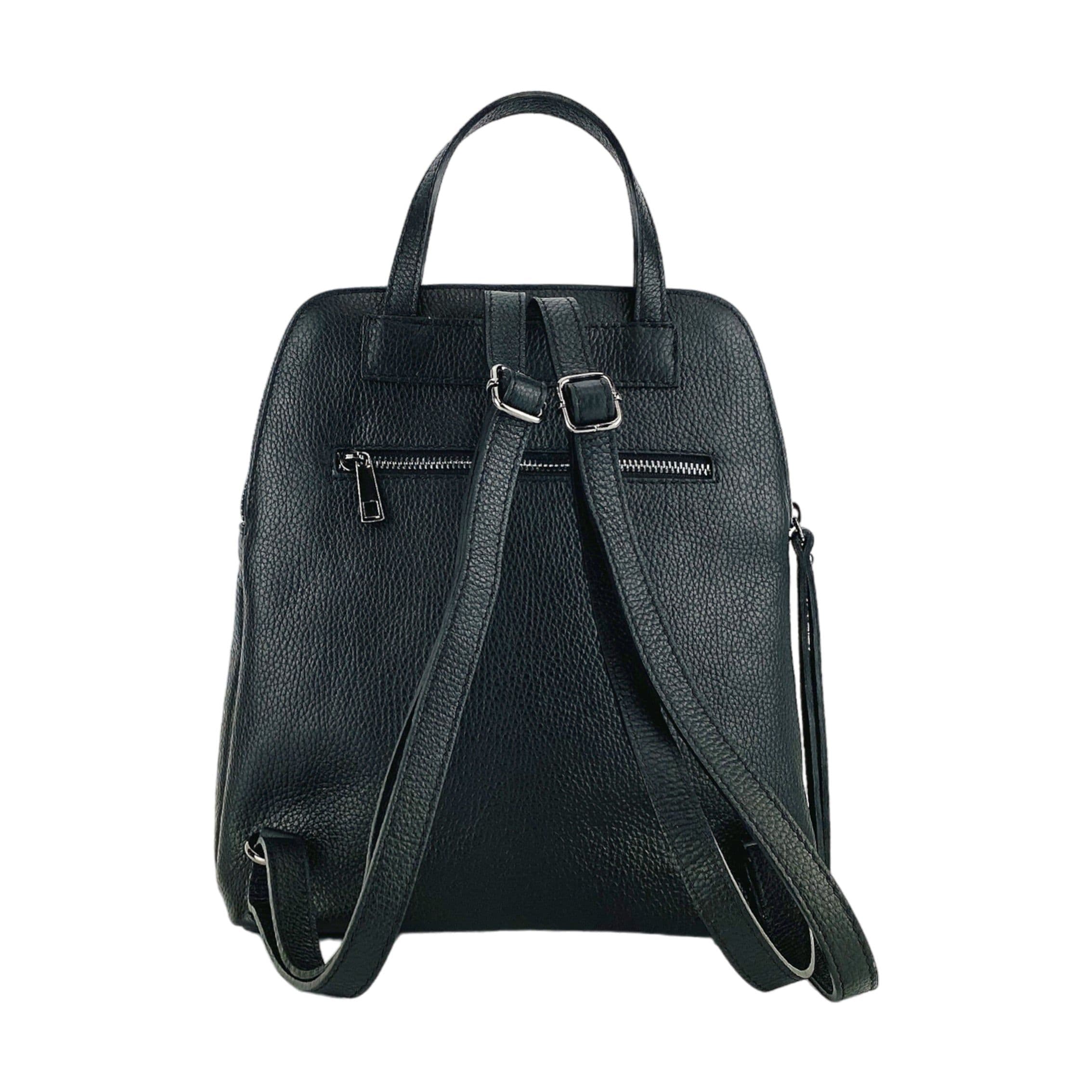 image-RB1018A | Genuine Leather Double Compartment Women's Backpack Made in Italy with adjustable shoulder straps. Gunmetal metal accessories - Black color - Dimensions: 26 x 30 x 14.5 cm
