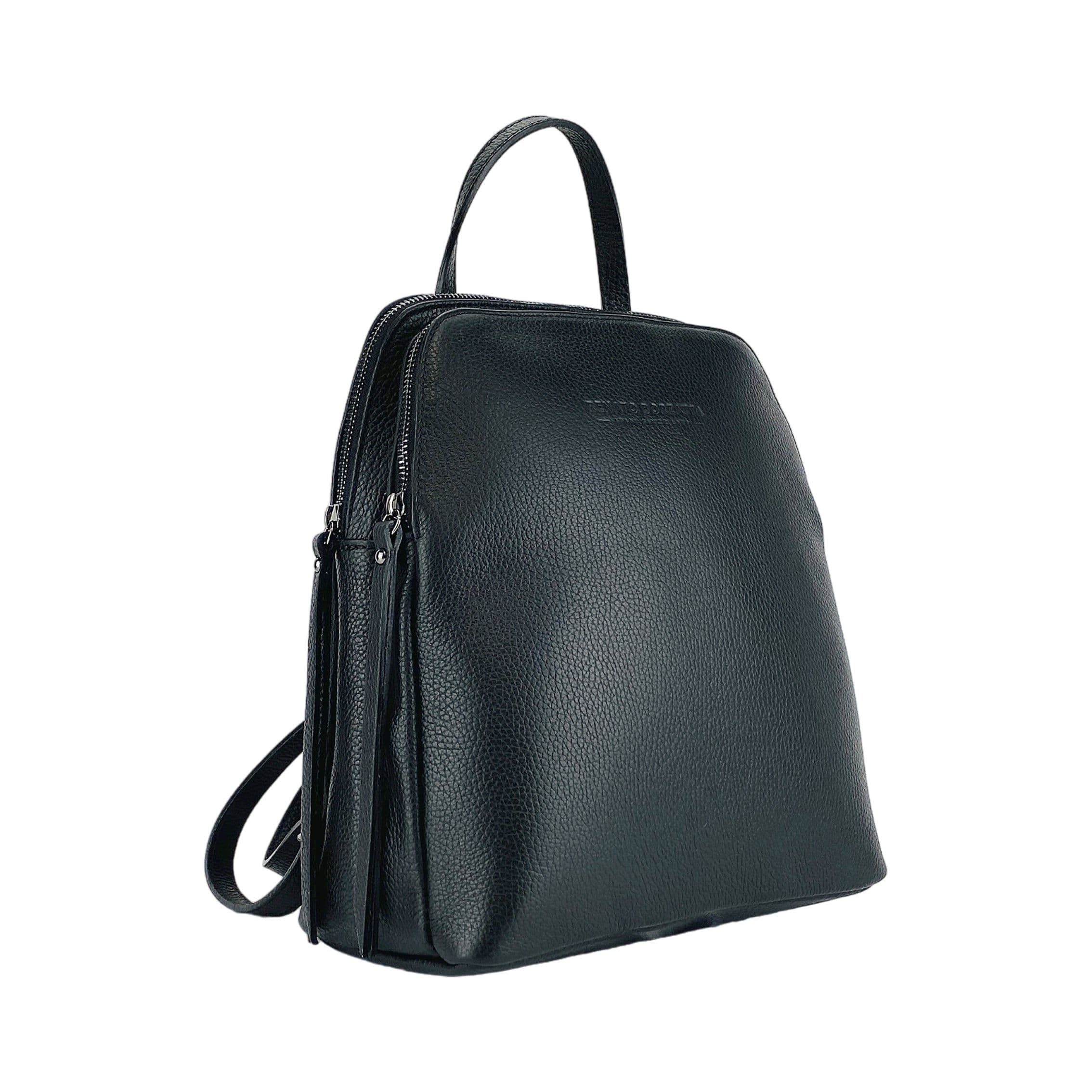 image-RB1018A | Zaino Donna Doppio scomparto in Vera Pelle Made in Italy con spallacci regolabili. Accessori in metallo Canna di Fucile - Colore Nero - Dimensioni: cm 26 x 30 x 14,5