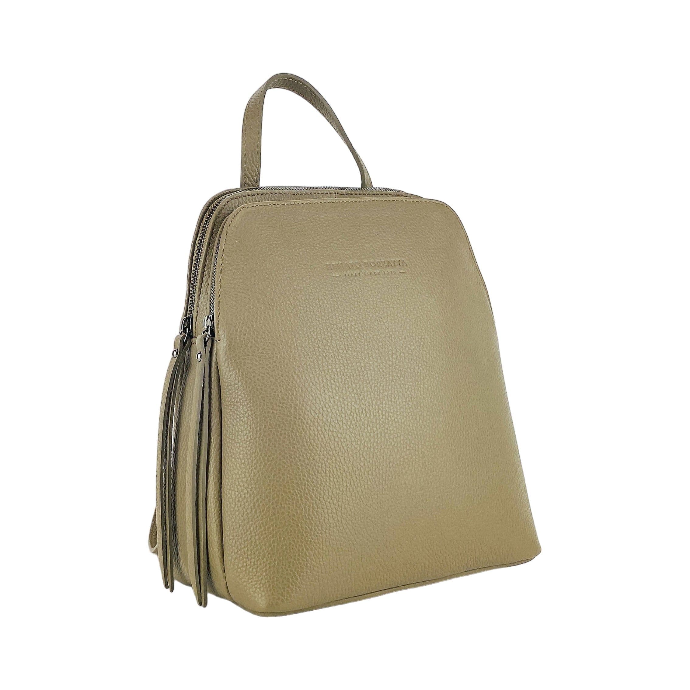 image-RB1018AQ | Zaino Donna Doppio scomparto in Vera Pelle Made in Italy con spallacci regolabili. Accessori in metallo Canna di Fucile - Colore Taupe - Dimensioni: cm 26 x 30 x 14,5