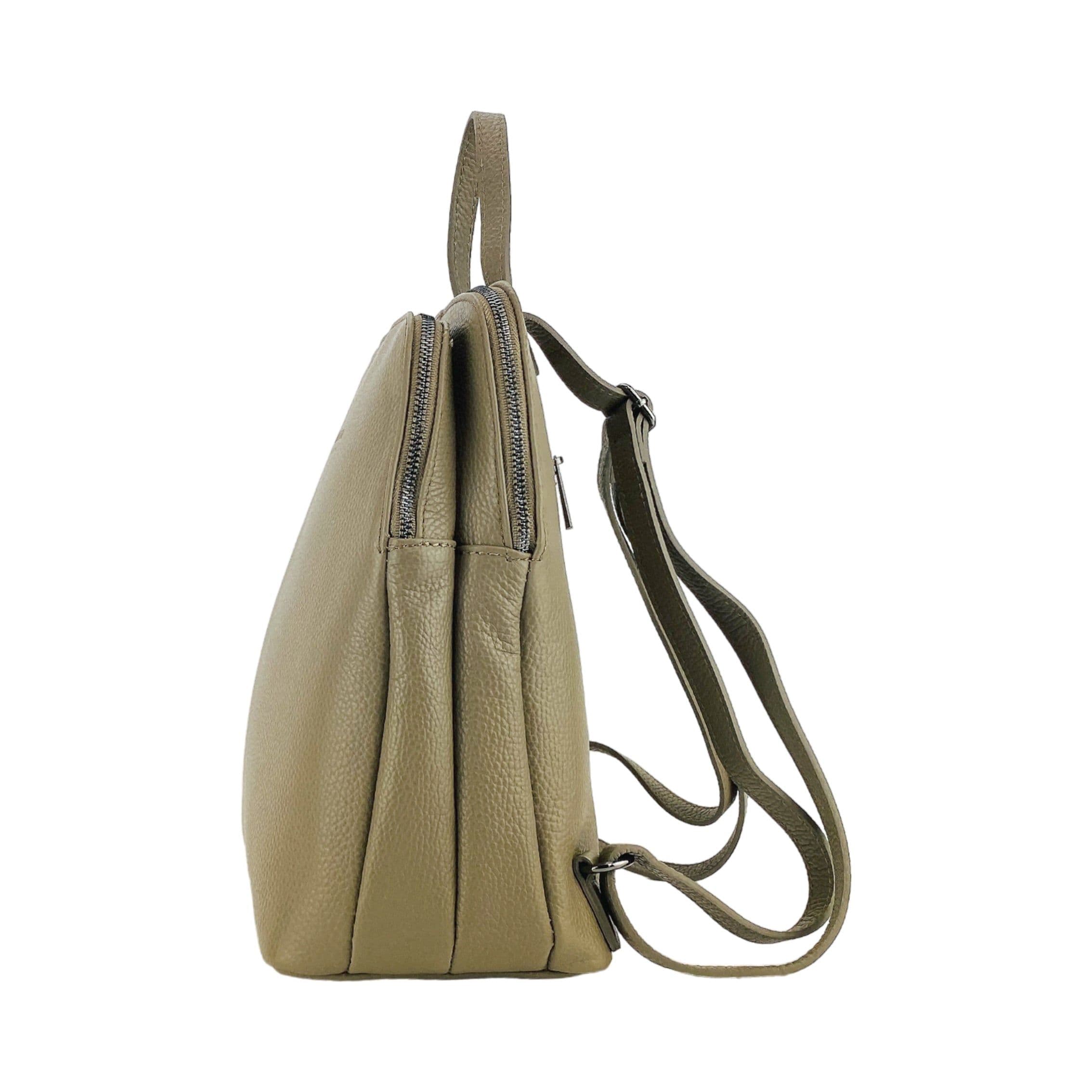 image-RB1018AQ | Zaino Donna Doppio scomparto in Vera Pelle Made in Italy con spallacci regolabili. Accessori in metallo Canna di Fucile - Colore Taupe - Dimensioni: cm 26 x 30 x 14,5