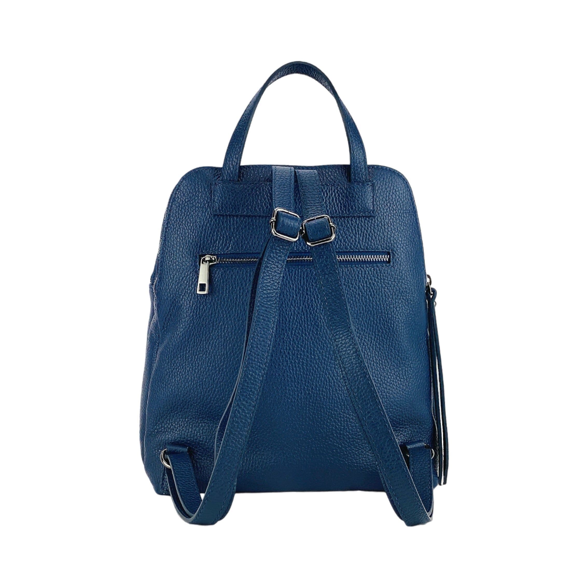 image-RB1018D | Zaino Donna Doppio scomparto in Vera Pelle Made in Italy con spallacci regolabili. Accessori in metallo Canna di Fucile - Colore Blu - Dimensioni: cm 26 x 30 x 14,5
