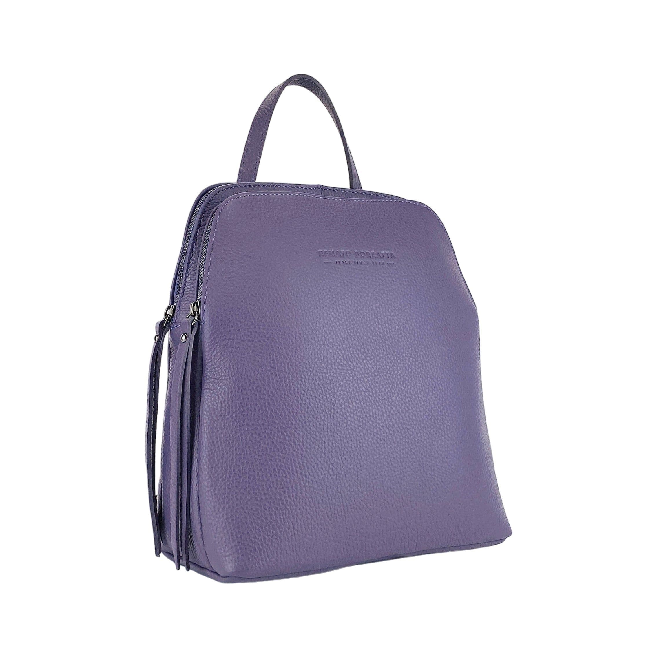 image-RB1018Y | Genuine Leather Double Compartment Women's Backpack Made in Italy with adjustable shoulder straps. Gunmetal metal accessories - Purple color - Dimensions: 26 x 30 x 14.5 cm