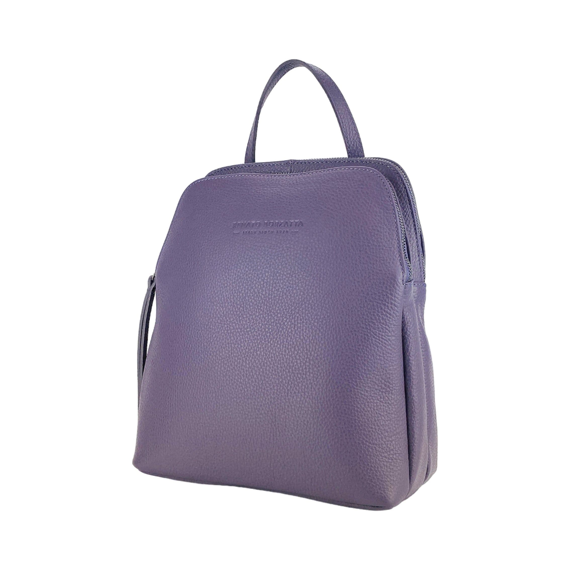 image-RB1018Y | Genuine Leather Double Compartment Women's Backpack Made in Italy with adjustable shoulder straps. Gunmetal metal accessories - Purple color - Dimensions: 26 x 30 x 14.5 cm