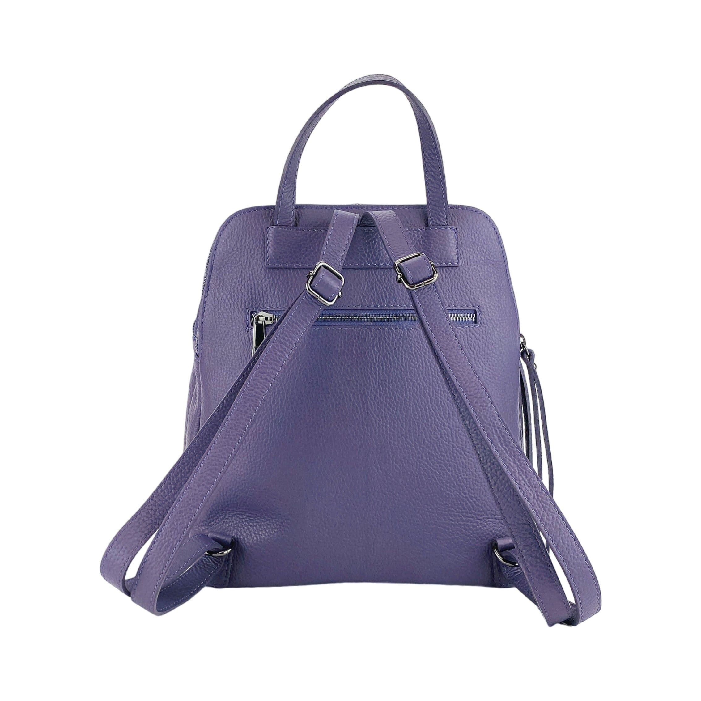 image-RB1018Y | Genuine Leather Double Compartment Women's Backpack Made in Italy with adjustable shoulder straps. Gunmetal metal accessories - Purple color - Dimensions: 26 x 30 x 14.5 cm