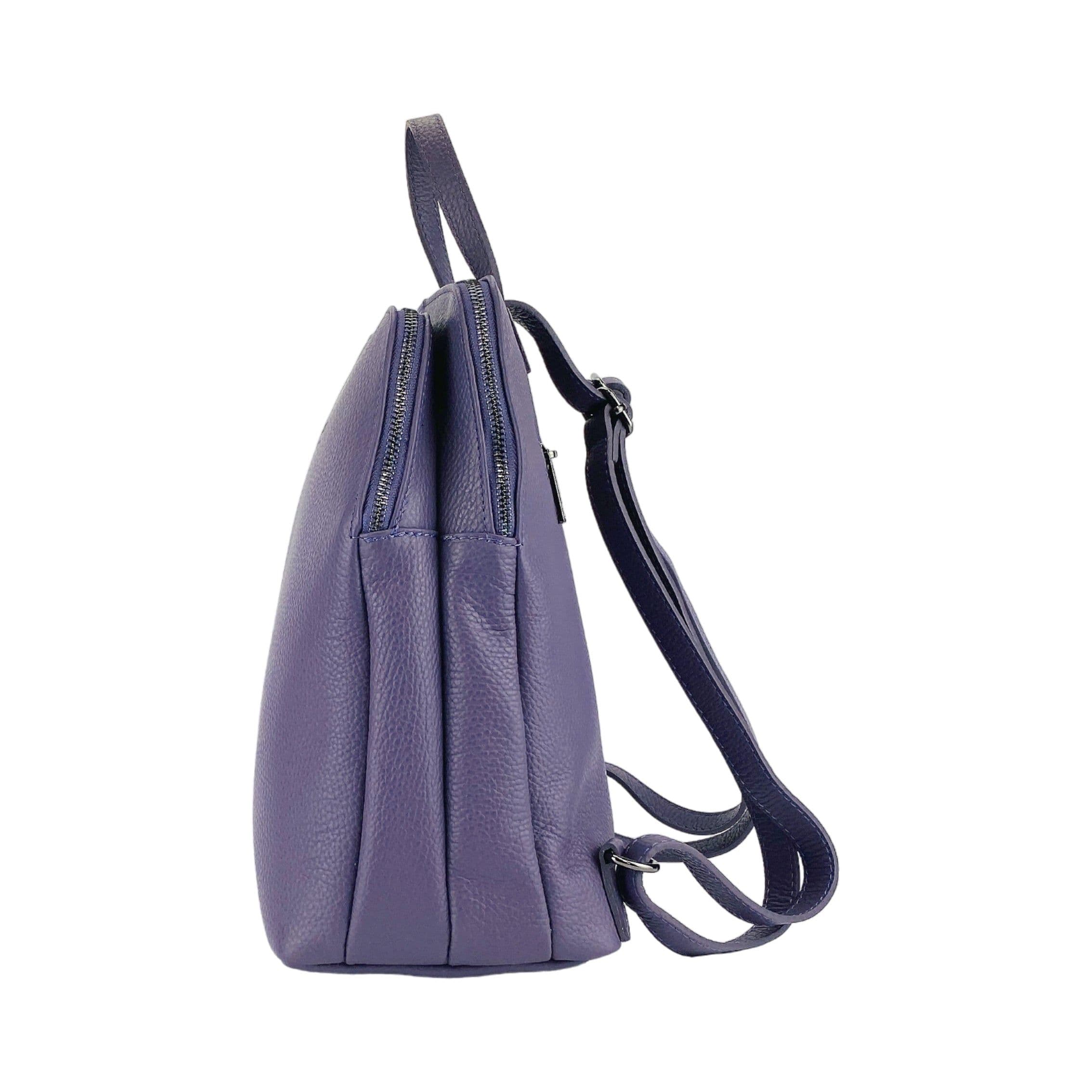 image-RB1018Y | Genuine Leather Double Compartment Women's Backpack Made in Italy with adjustable shoulder straps. Gunmetal metal accessories - Purple color - Dimensions: 26 x 30 x 14.5 cm
