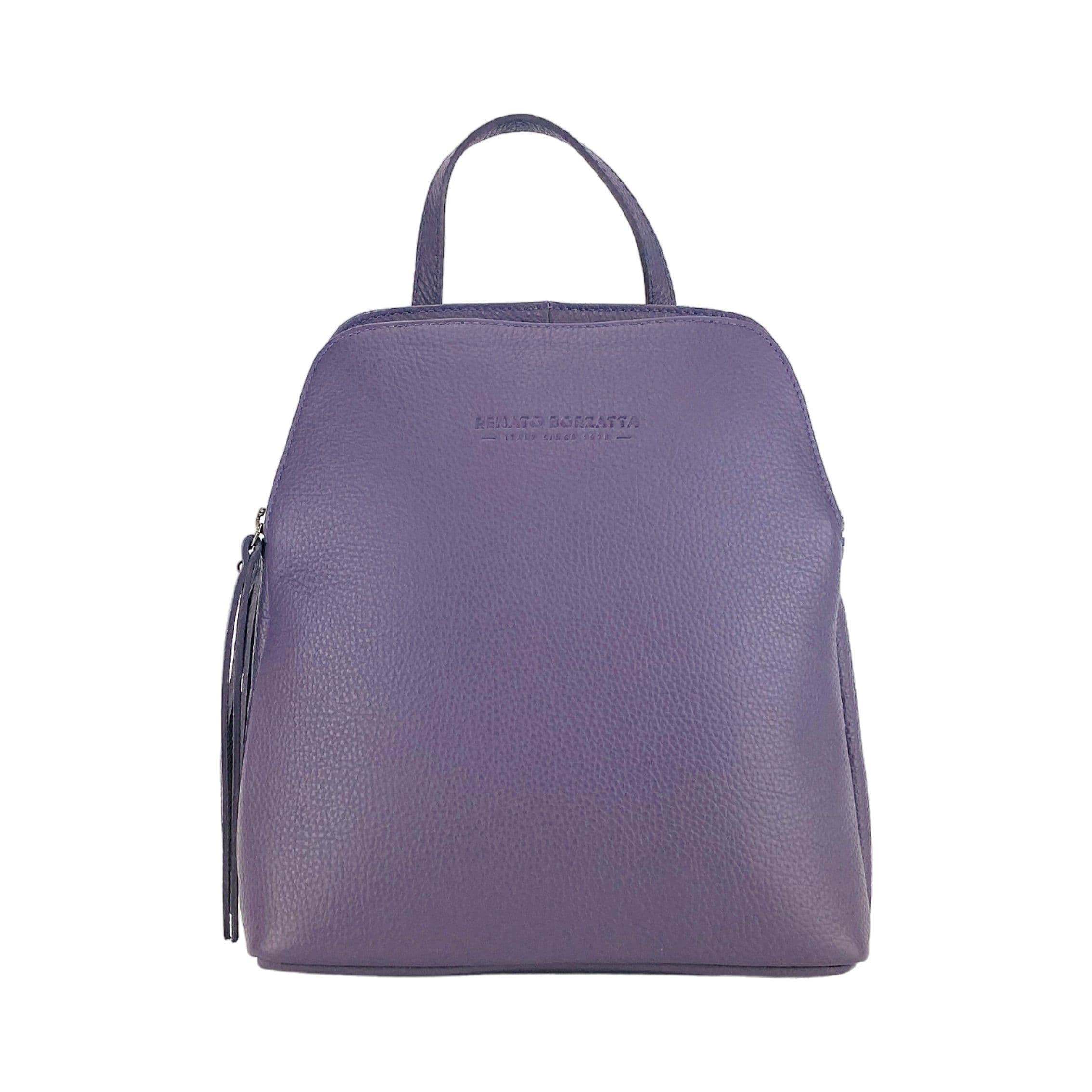 image-RB1018Y | Zaino Donna Doppio scomparto in Vera Pelle Made in Italy con spallacci regolabili. Accessori in metallo Canna di Fucile - Colore Viola - Dimensioni: cm 26 x 30 x 14,5