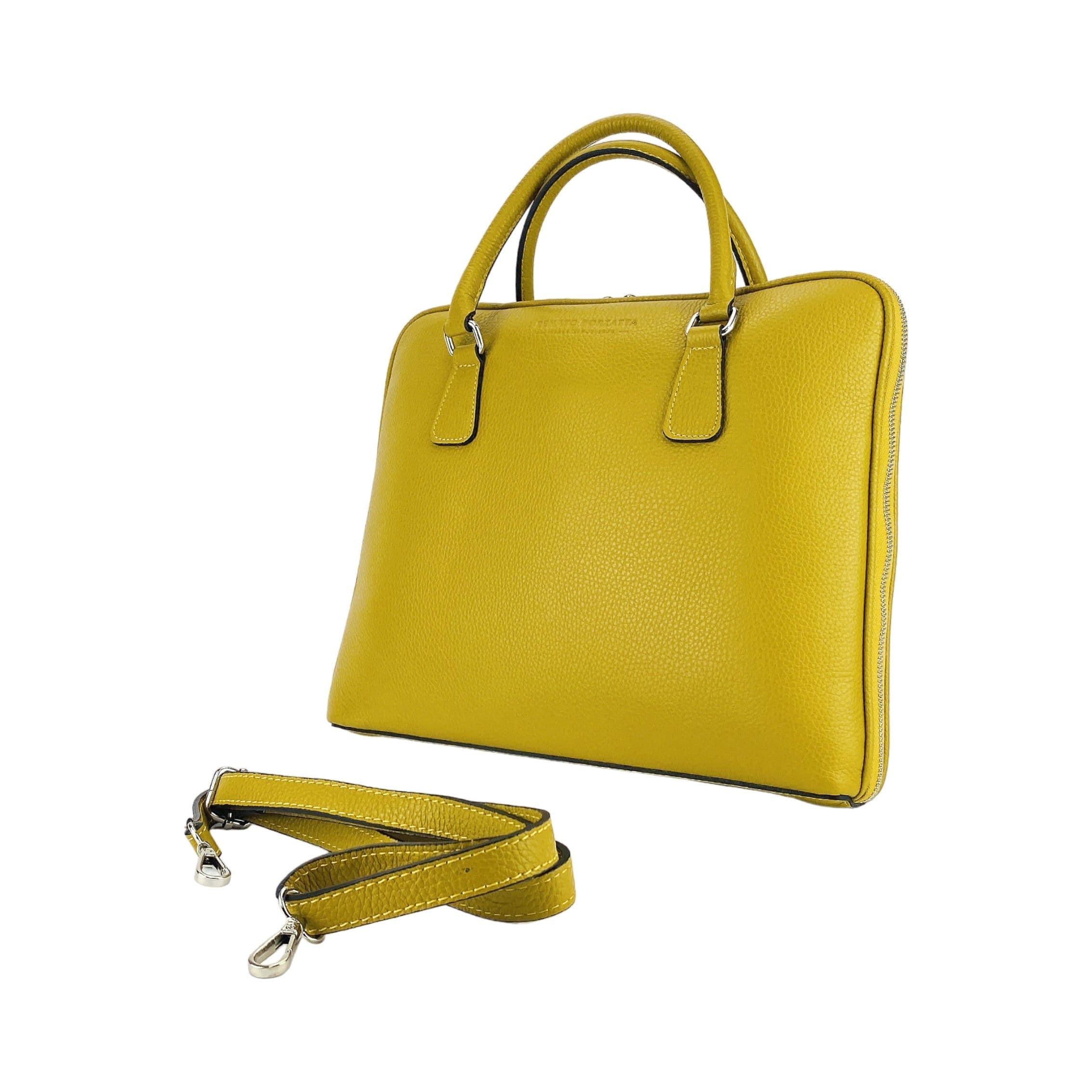 image-RB1019AR | Unisex Business Briefcase in Genuine Leather Made in Italy with removable shoulder strap. Attachments with shiny nickel metal snap hooks - Mustard color - Dimensions: 37 x 29 x 6.5 cm