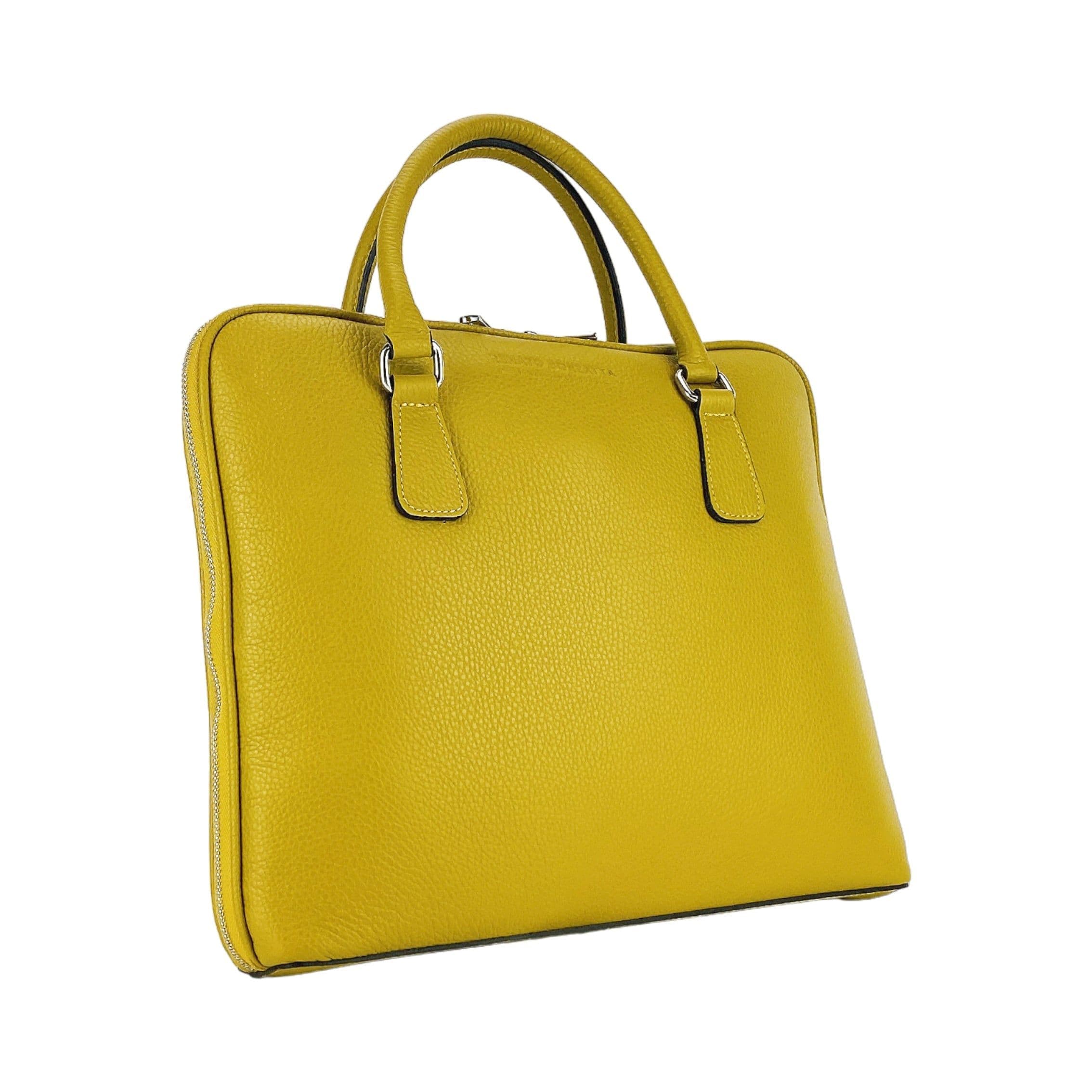 image-RB1019AR | Unisex Business Briefcase in Genuine Leather Made in Italy with removable shoulder strap. Attachments with shiny nickel metal snap hooks - Mustard color - Dimensions: 37 x 29 x 6.5 cm