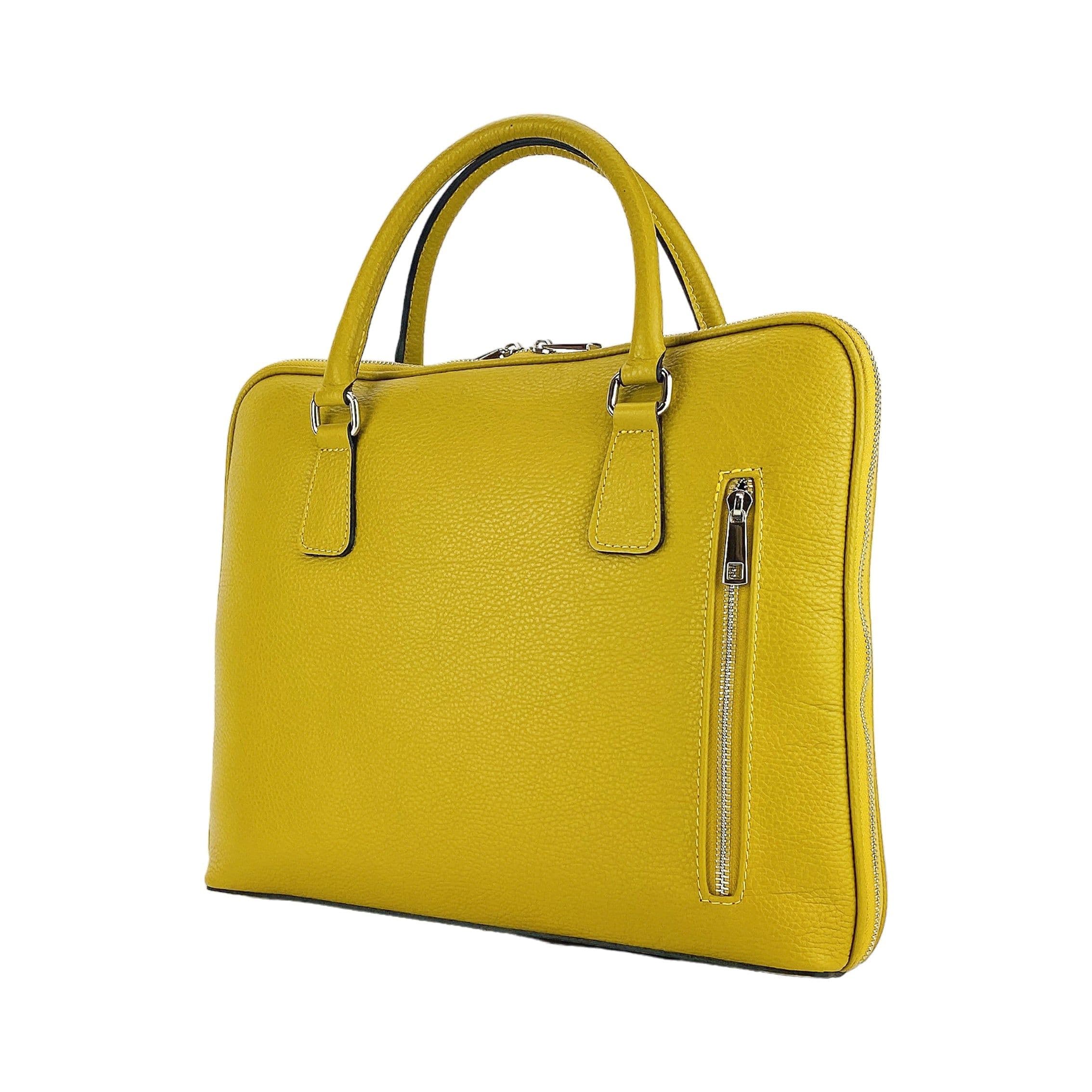 image-RB1019AR | Cartella Business Unisex in Vera Pelle Made in Italy con tracolla removibile. Attacchi con moschettoni in metallo Nickel Lucido - Colore Senape - Dimensioni: cm 37 x 29 x 6,5