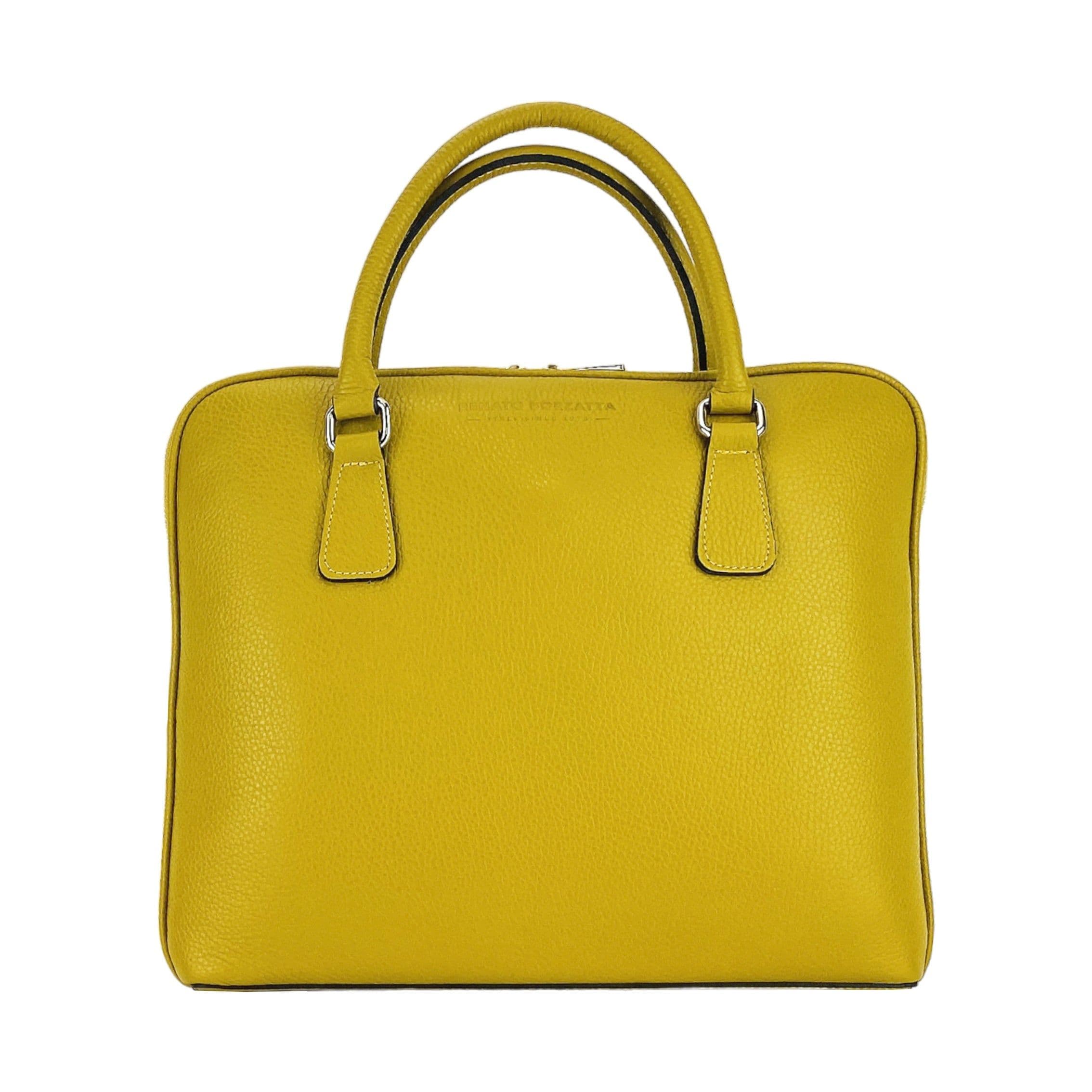 image-RB1019AR | Cartella Business Unisex in Vera Pelle Made in Italy con tracolla removibile. Attacchi con moschettoni in metallo Nickel Lucido - Colore Senape - Dimensioni: cm 37 x 29 x 6,5