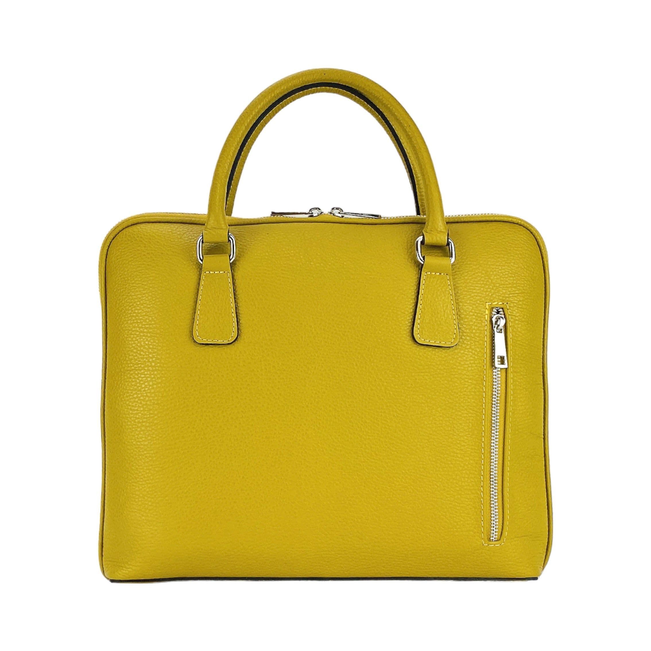 image-RB1019AR | Cartella Business Unisex in Vera Pelle Made in Italy con tracolla removibile. Attacchi con moschettoni in metallo Nickel Lucido - Colore Senape - Dimensioni: cm 37 x 29 x 6,5