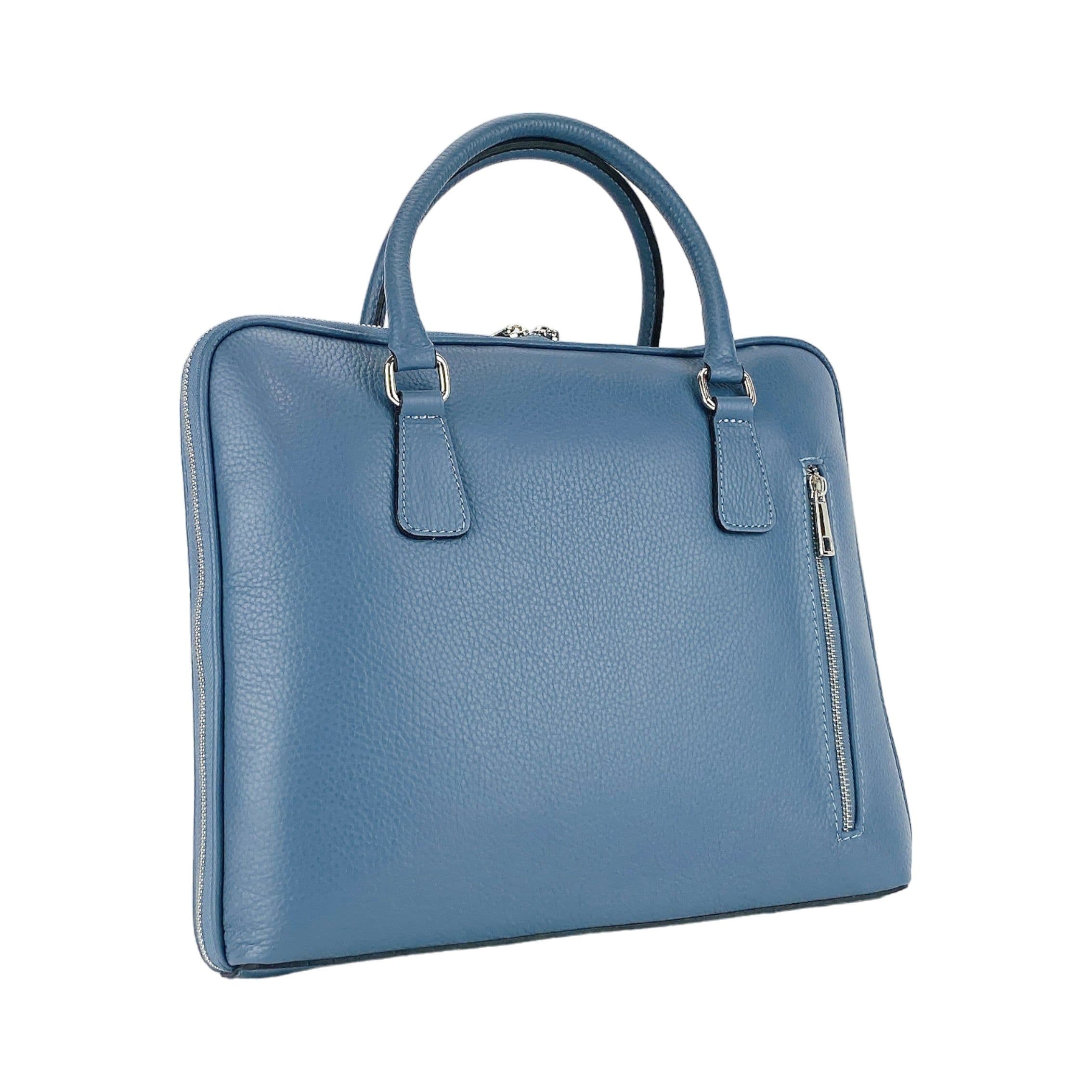 image-RB1019P | Unisex Business Briefcase in Genuine Leather Made in Italy with removable shoulder strap. Attachments with shiny nickel metal snap hooks - Avio color - Dimensions: 37 x 29 x 6.5 cm