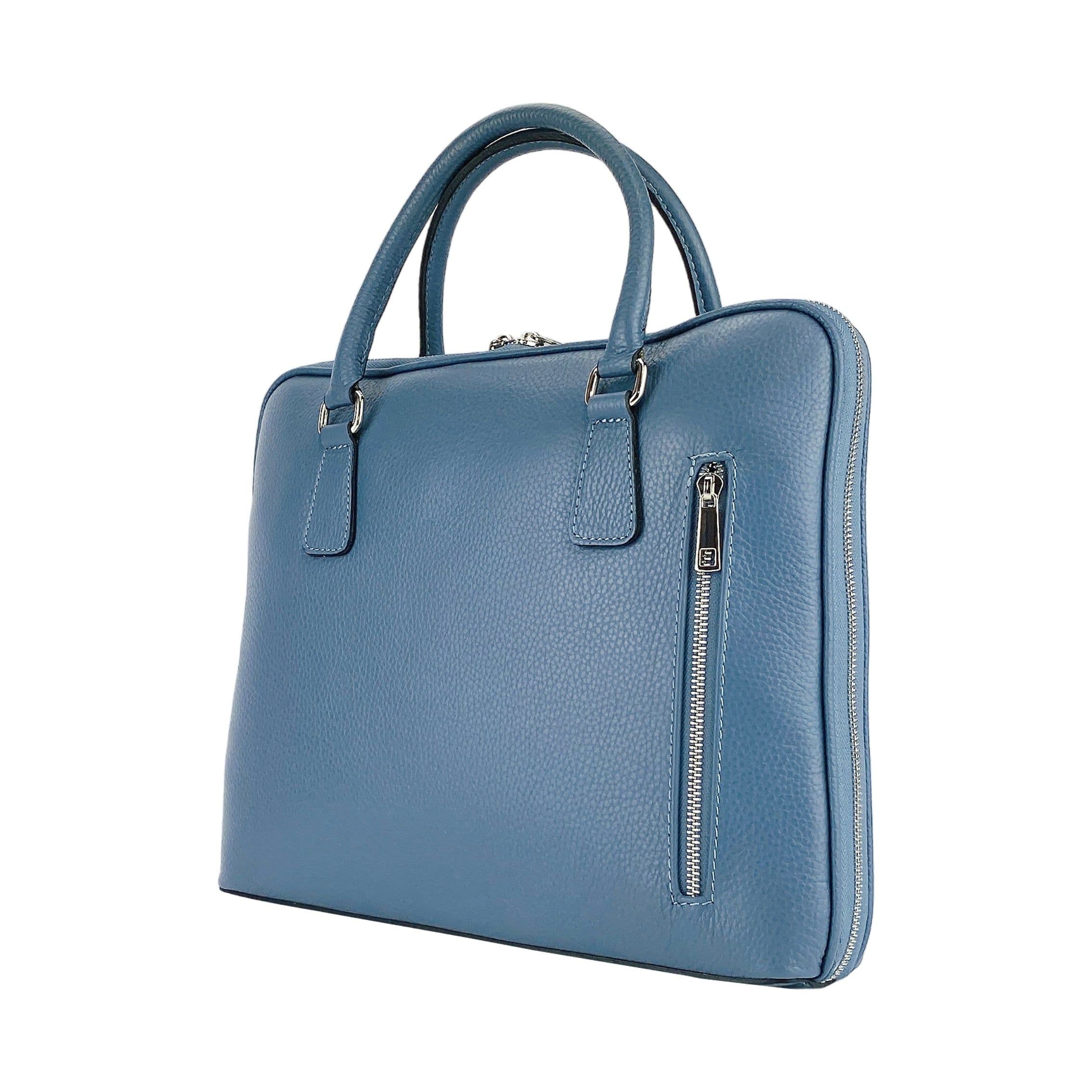 image-RB1019P | Cartella Business Unisex in Vera Pelle Made in Italy con tracolla removibile. Attacchi con moschettoni in metallo Nickel Lucido - Colore Avio - Dimensioni: cm 37 x 29 x 6,5