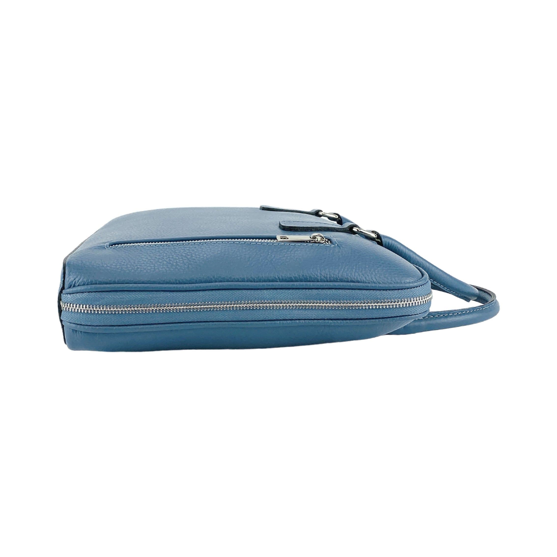 image-RB1019P | Cartella Business Unisex in Vera Pelle Made in Italy con tracolla removibile. Attacchi con moschettoni in metallo Nickel Lucido - Colore Avio - Dimensioni: cm 37 x 29 x 6,5
