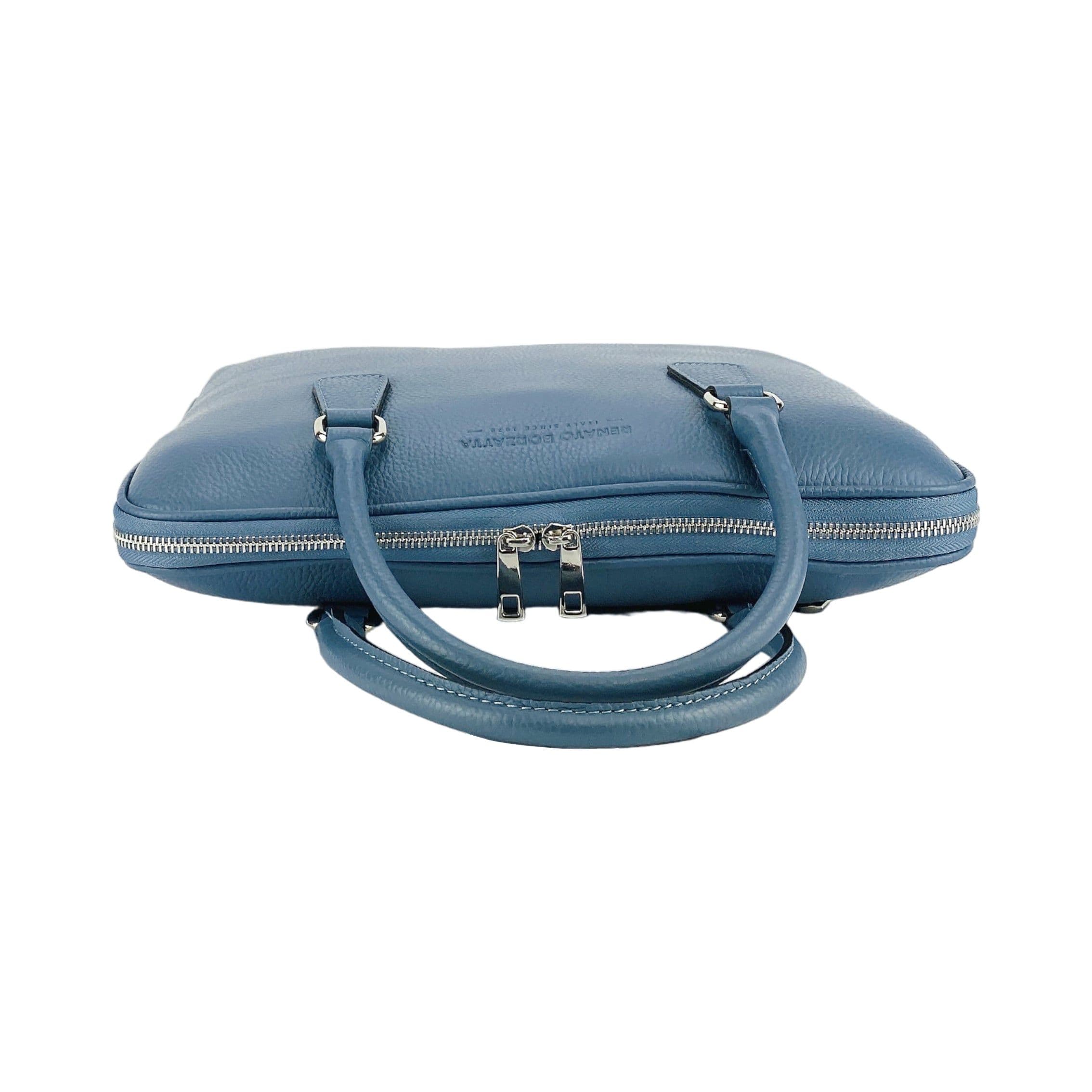 image-RB1019P | Cartella Business Unisex in Vera Pelle Made in Italy con tracolla removibile. Attacchi con moschettoni in metallo Nickel Lucido - Colore Avio - Dimensioni: cm 37 x 29 x 6,5