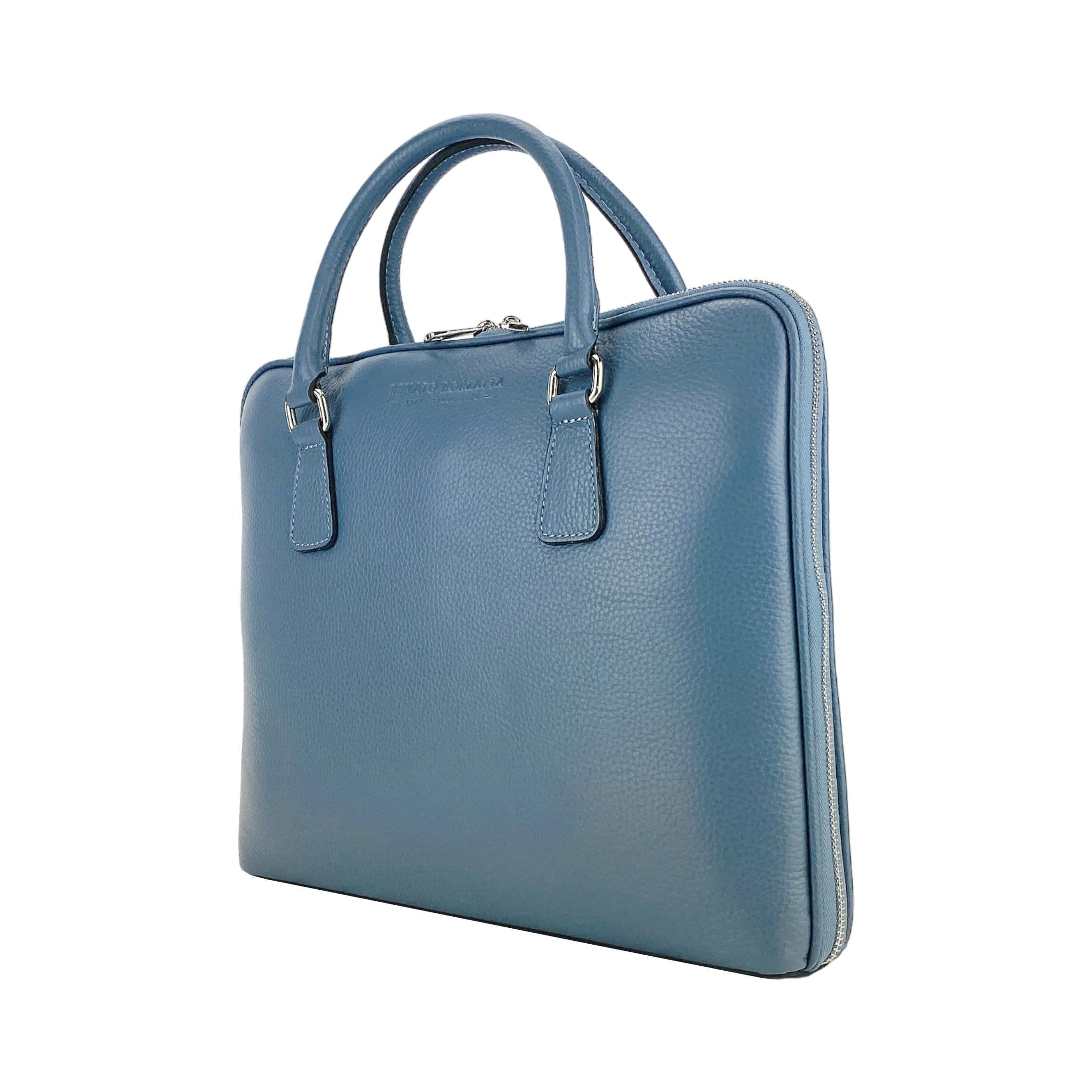 image-RB1019P | Cartella Business Unisex in Vera Pelle Made in Italy con tracolla removibile. Attacchi con moschettoni in metallo Nickel Lucido - Colore Avio - Dimensioni: cm 37 x 29 x 6,5