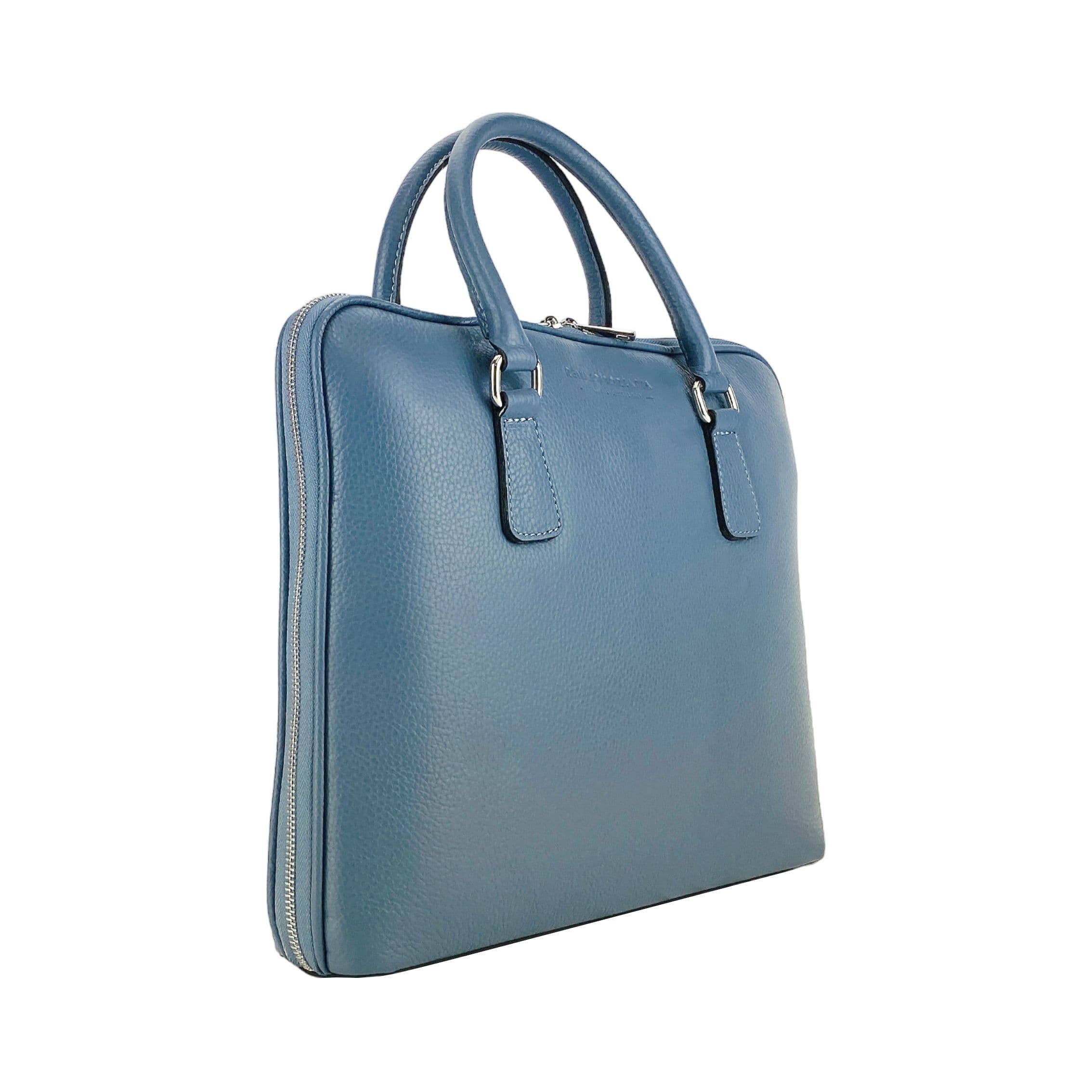 image-RB1019P | Cartella Business Unisex in Vera Pelle Made in Italy con tracolla removibile. Attacchi con moschettoni in metallo Nickel Lucido - Colore Avio - Dimensioni: cm 37 x 29 x 6,5