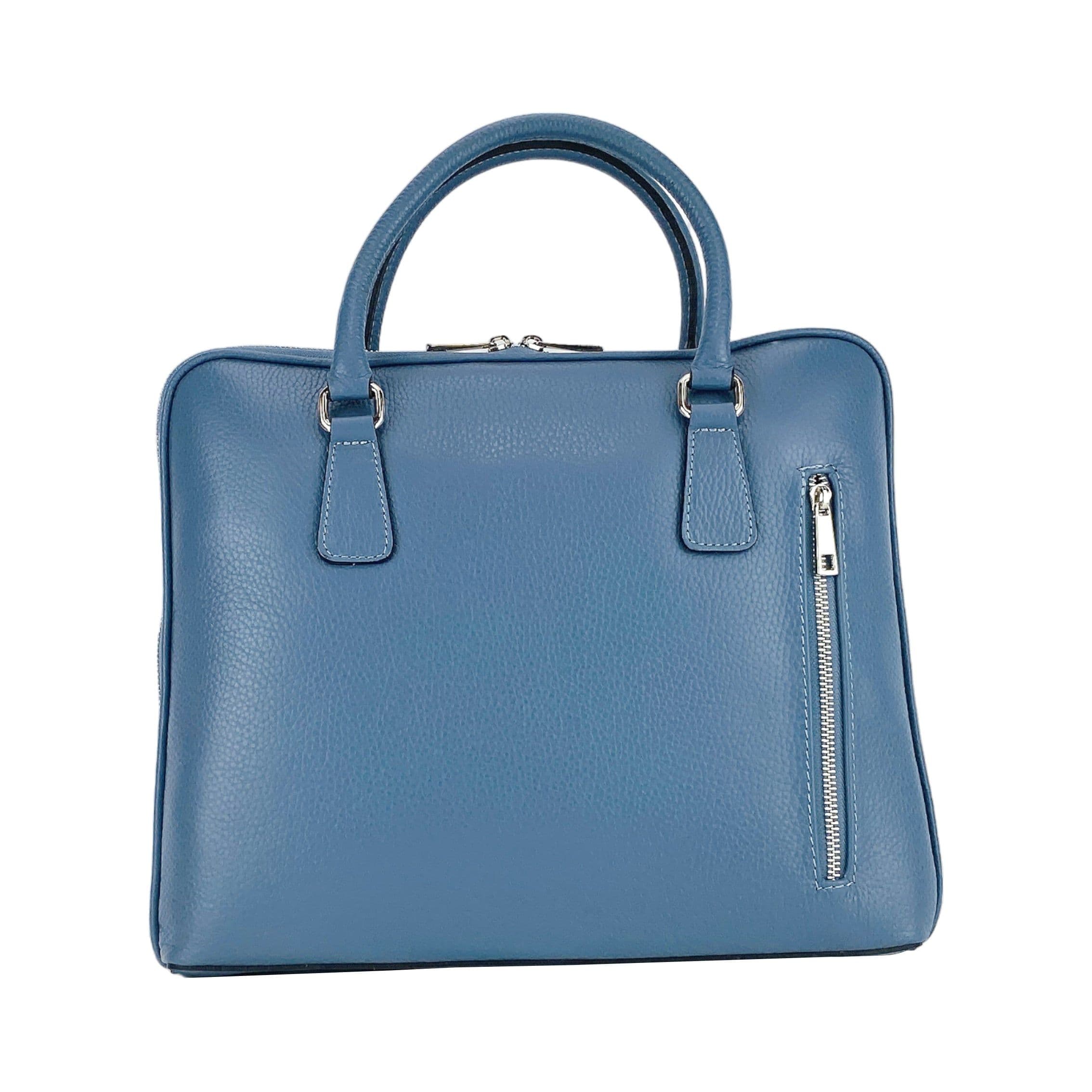 image-RB1019P | Cartella Business Unisex in Vera Pelle Made in Italy con tracolla removibile. Attacchi con moschettoni in metallo Nickel Lucido - Colore Avio - Dimensioni: cm 37 x 29 x 6,5