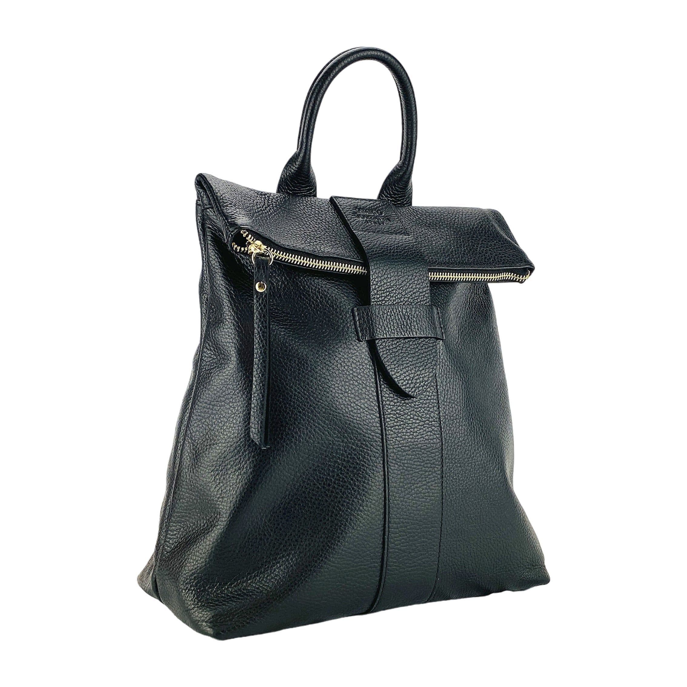 image-RB1021A | Zaino Donna Morbido in Vera Pelle Made in Italy con Spallacci regolabili. Chiusura lampo e Accessori in metallo Oro Lucido - Colore Nero - Dimensioni: cm 30 x 34 x 10,5