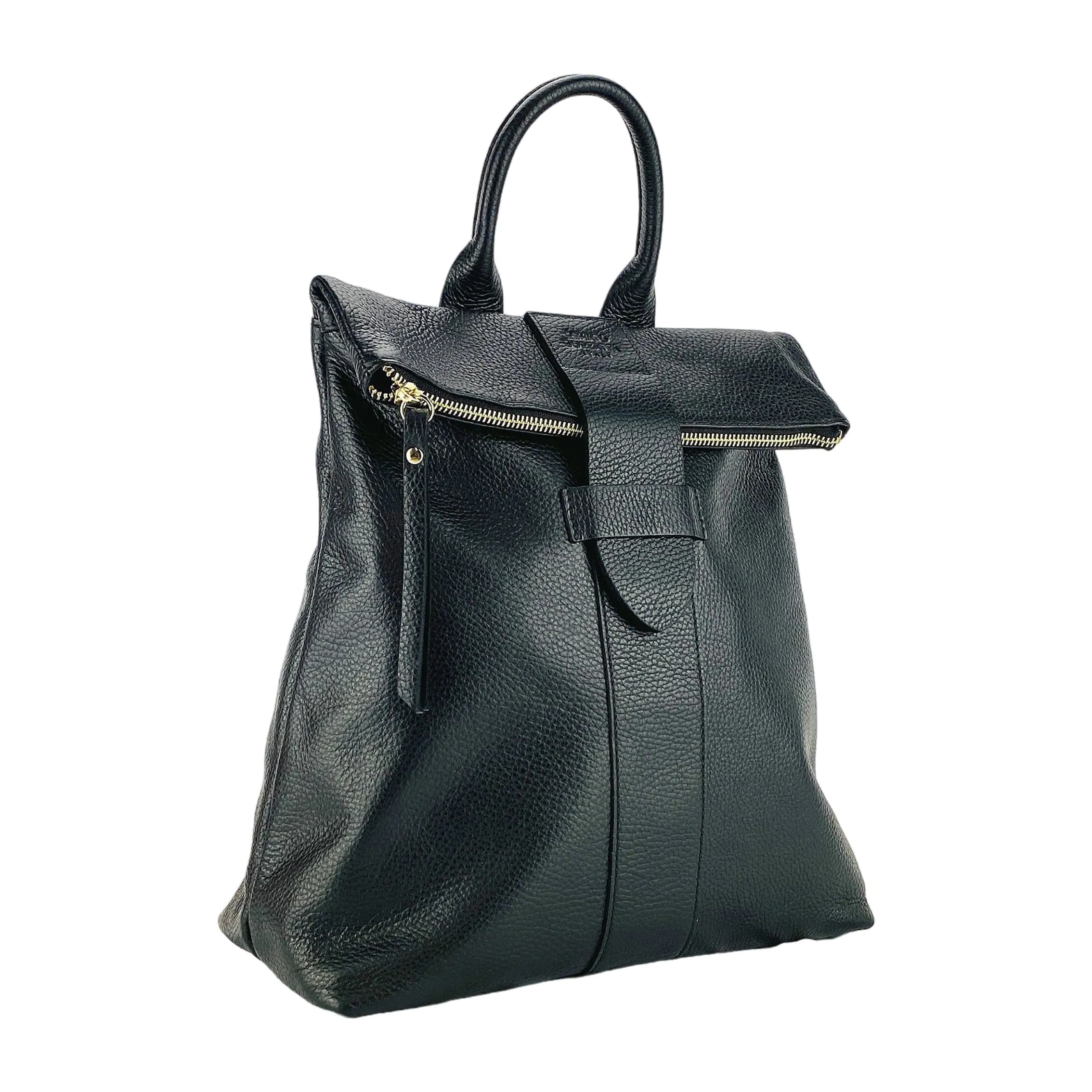 image-RB1021A | Zaino Donna Morbido in Vera Pelle Made in Italy con Spallacci regolabili. Chiusura lampo e Accessori in metallo Oro Lucido - Colore Nero - Dimensioni: cm 30 x 34 x 10,5