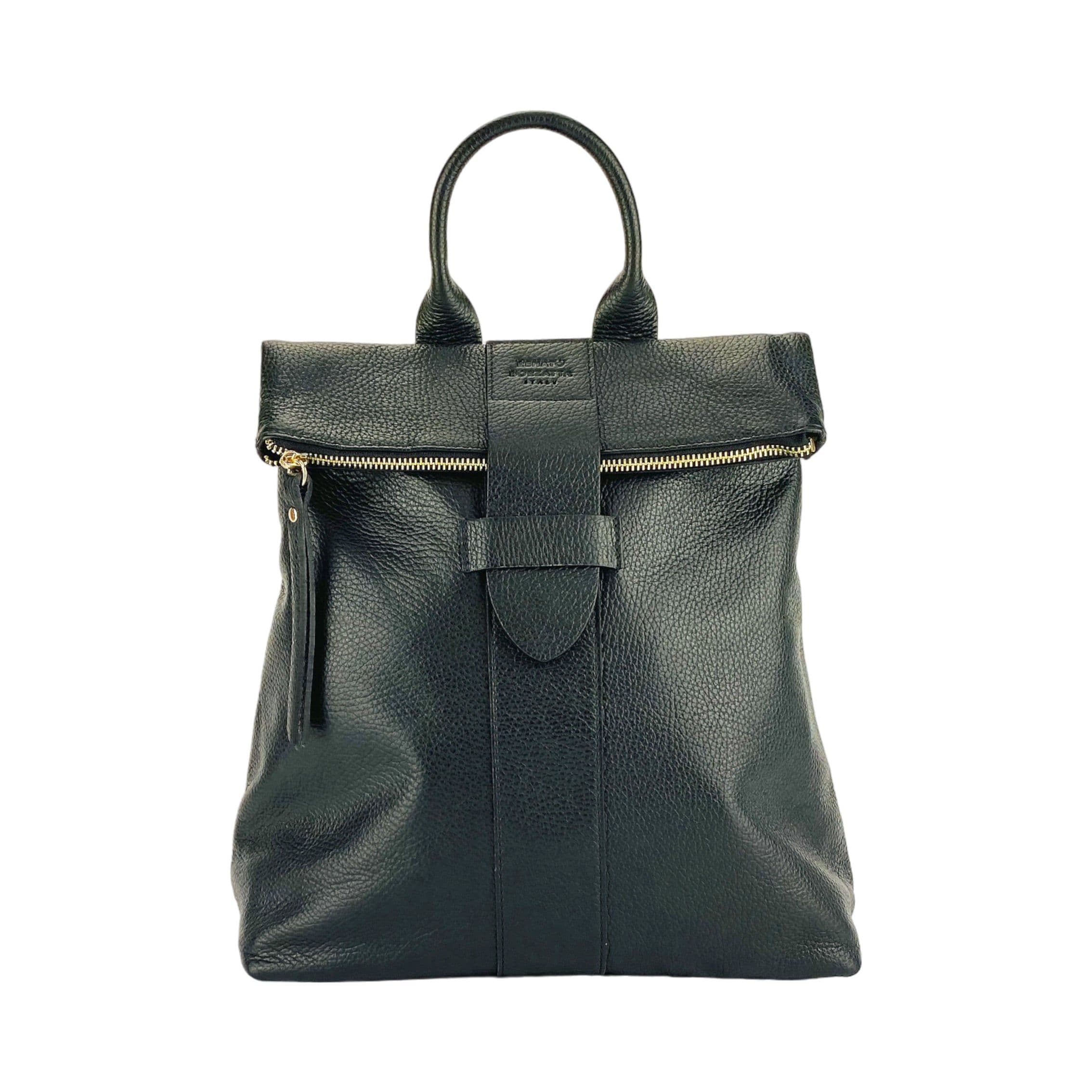 image-RB1021A | Zaino Donna Morbido in Vera Pelle Made in Italy con Spallacci regolabili. Chiusura lampo e Accessori in metallo Oro Lucido - Colore Nero - Dimensioni: cm 30 x 34 x 10,5
