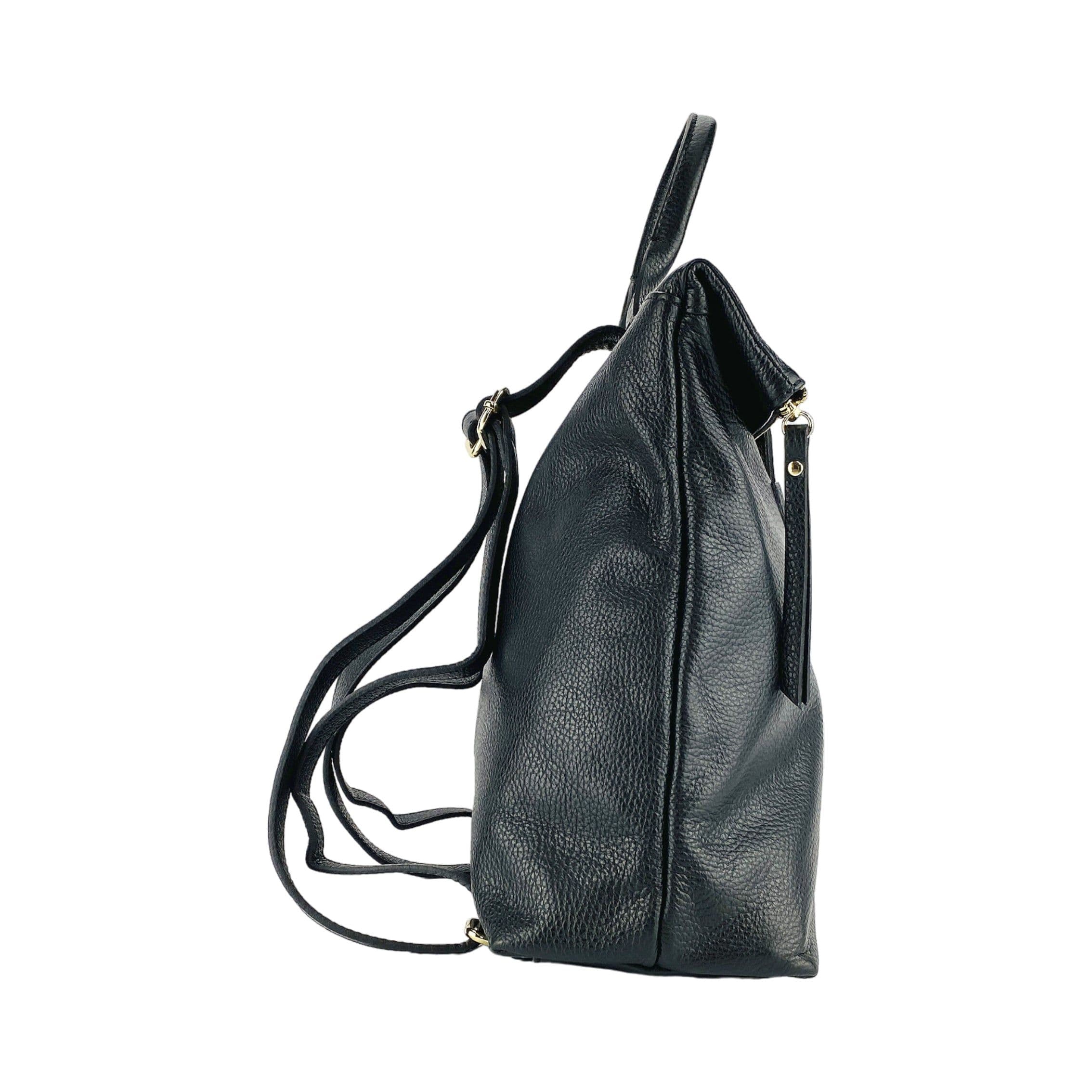 image-RB1021A | Zaino Donna Morbido in Vera Pelle Made in Italy con Spallacci regolabili. Chiusura lampo e Accessori in metallo Oro Lucido - Colore Nero - Dimensioni: cm 30 x 34 x 10,5